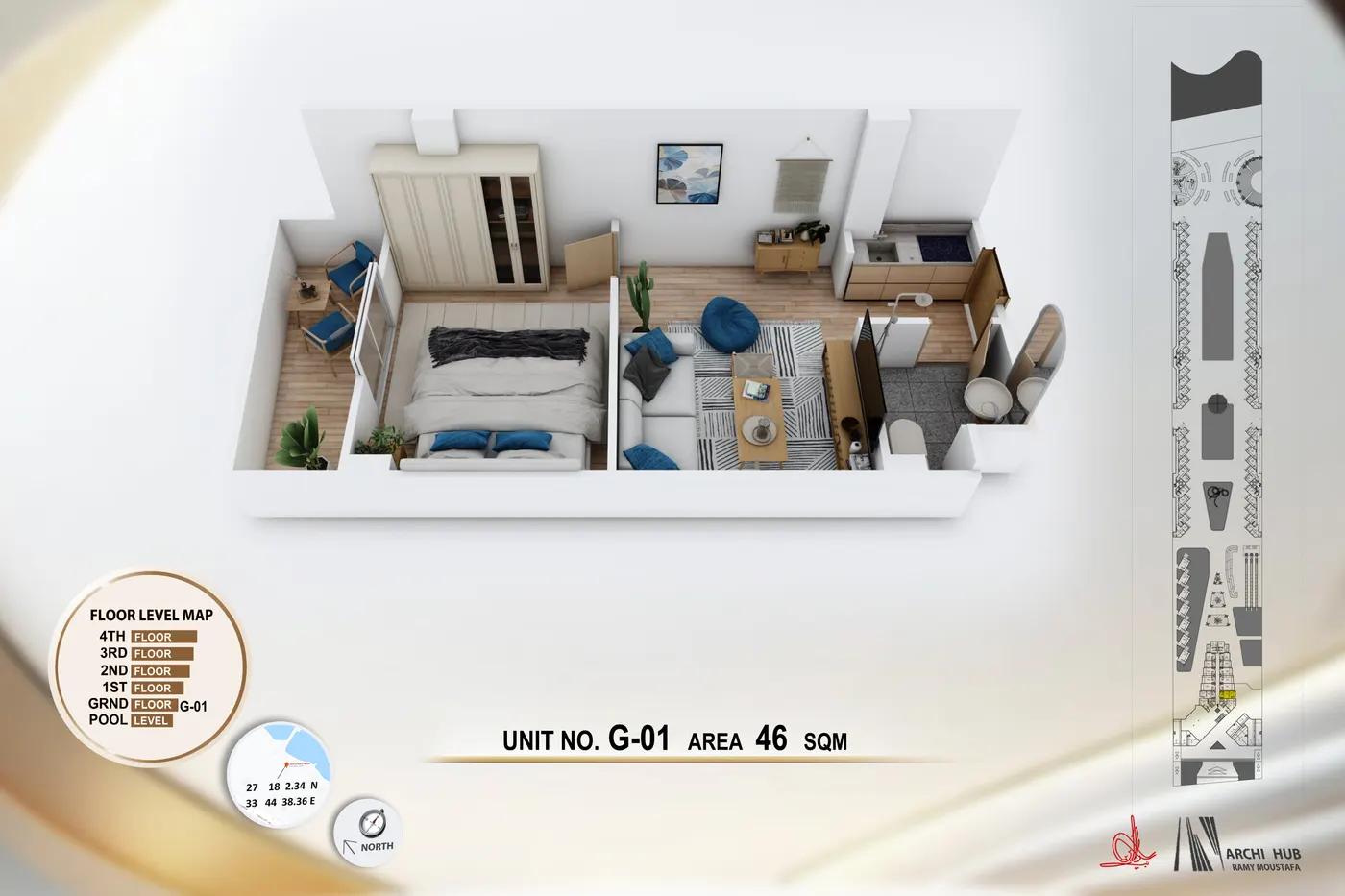 3D floor plan render of unit G1
