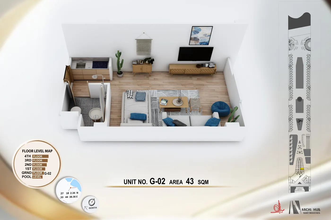 3D floor plan render of unit G2
