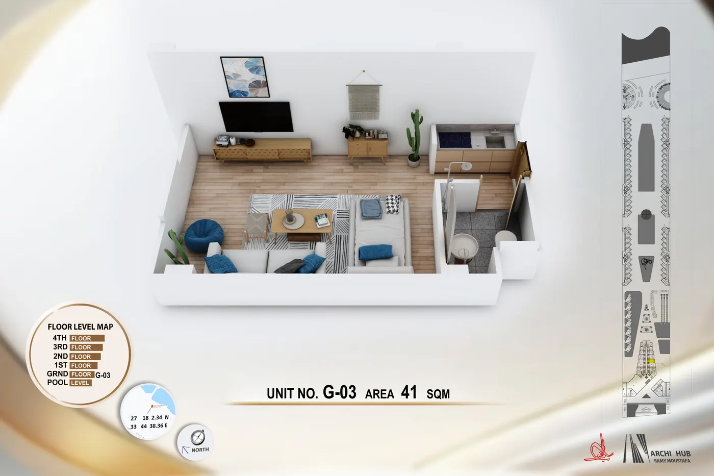 3D floor plan render of unit G3