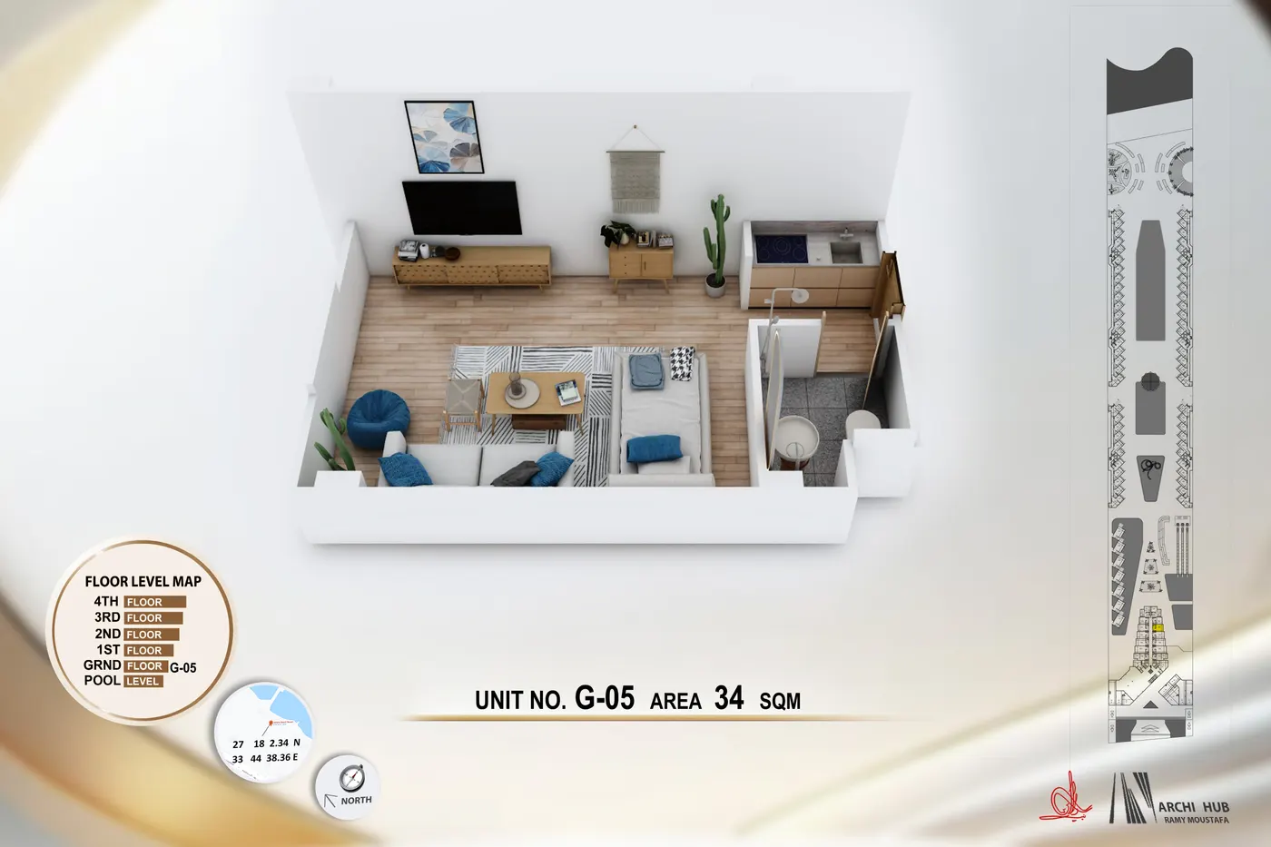 3D floor plan render of unit G5