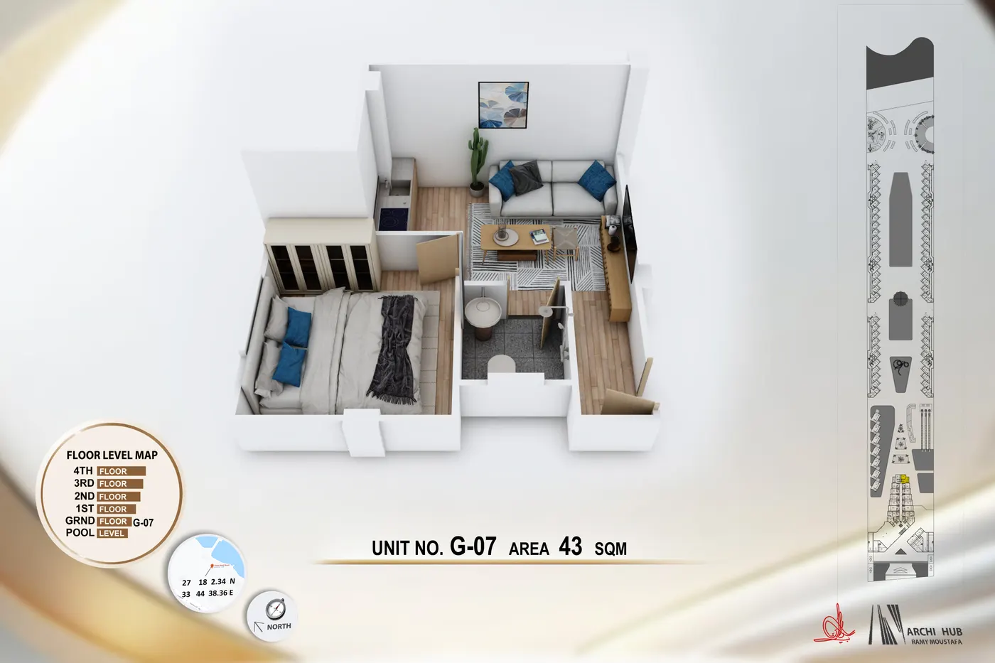 3D floor plan render of unit G7