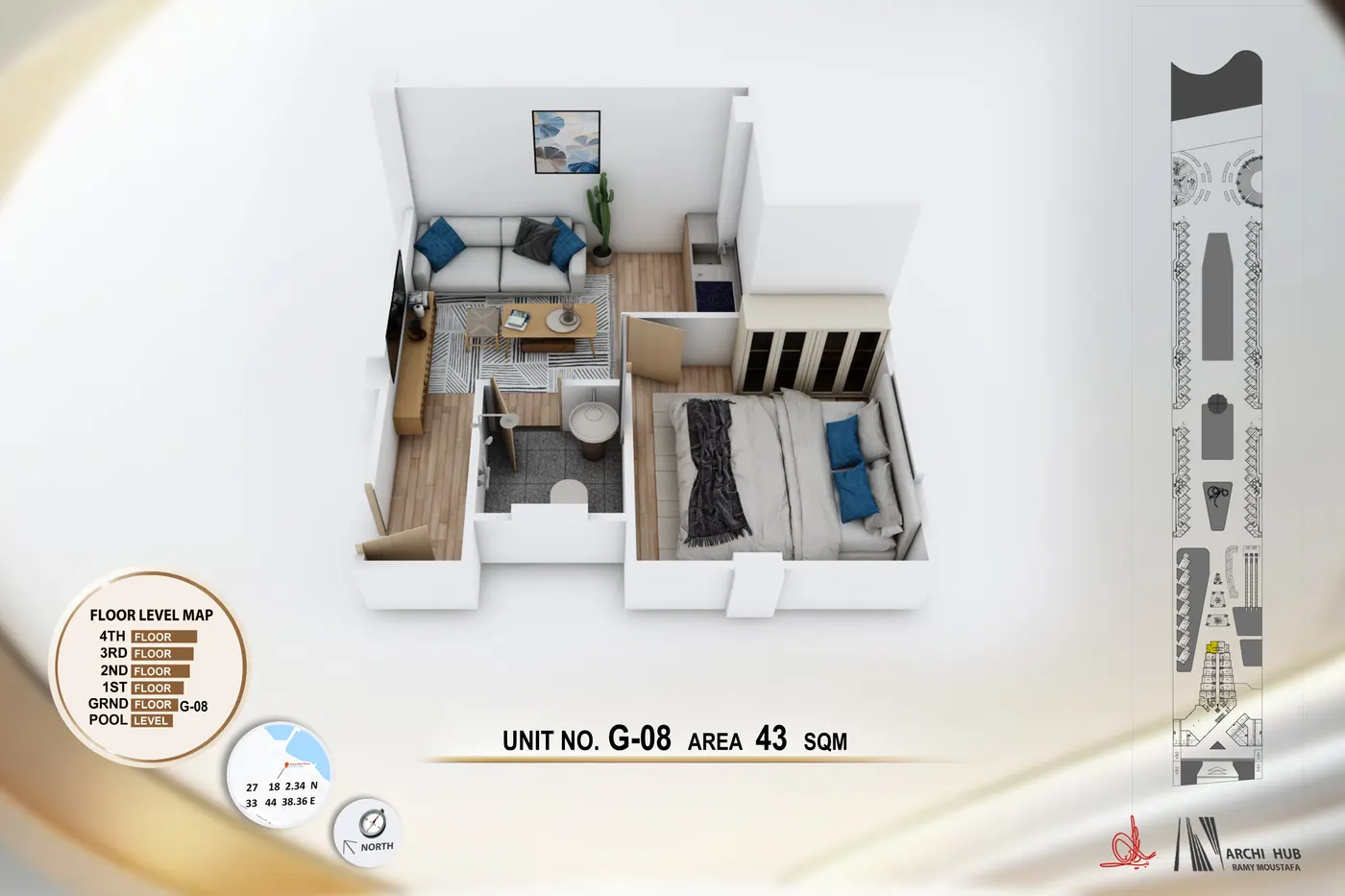 3D floor plan render of unit G8