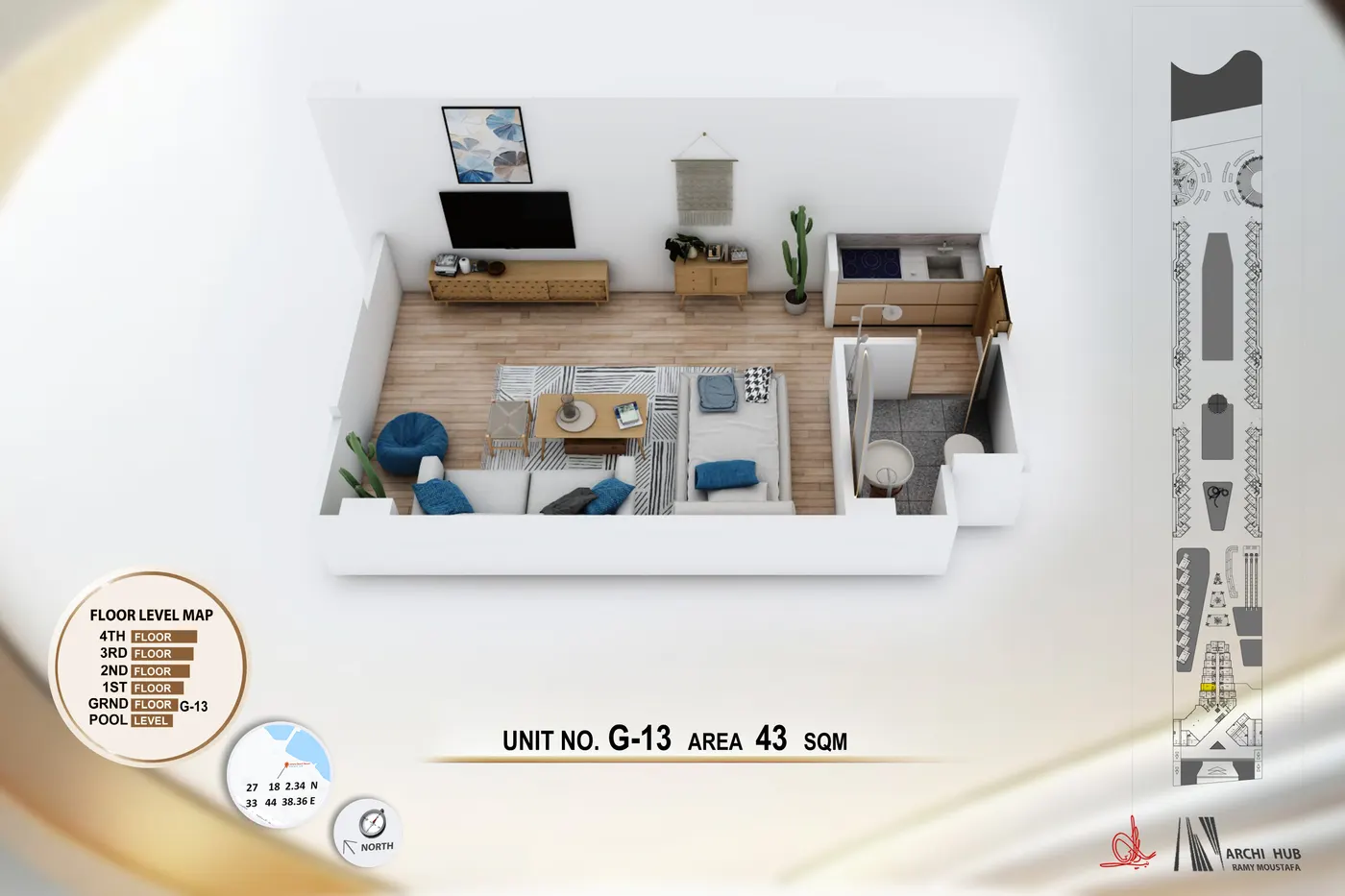 3D floor plan render of unit G13