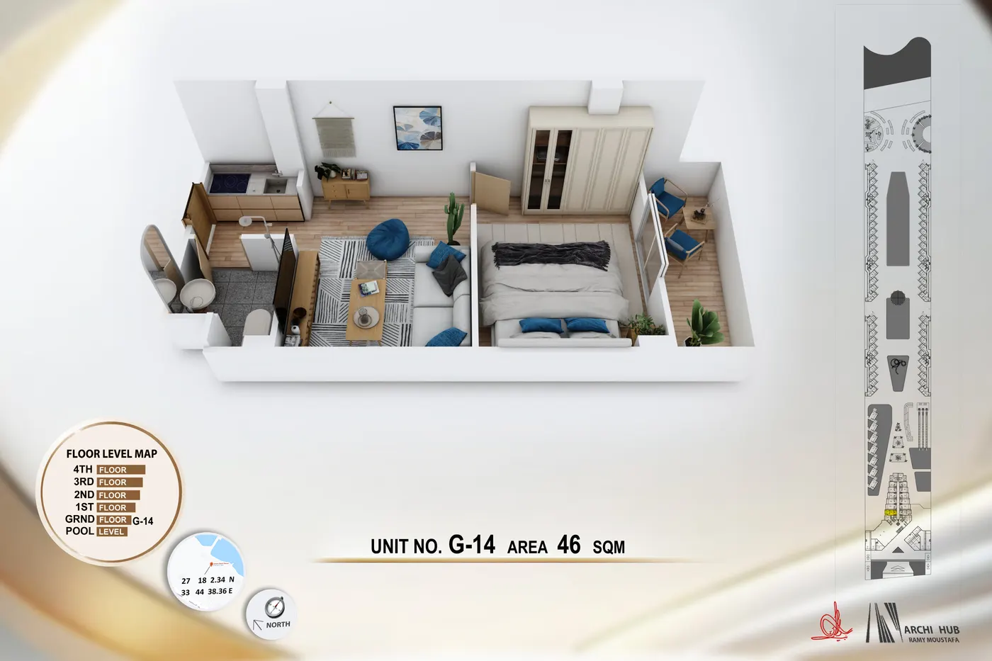 3D floor plan render of unit G14
