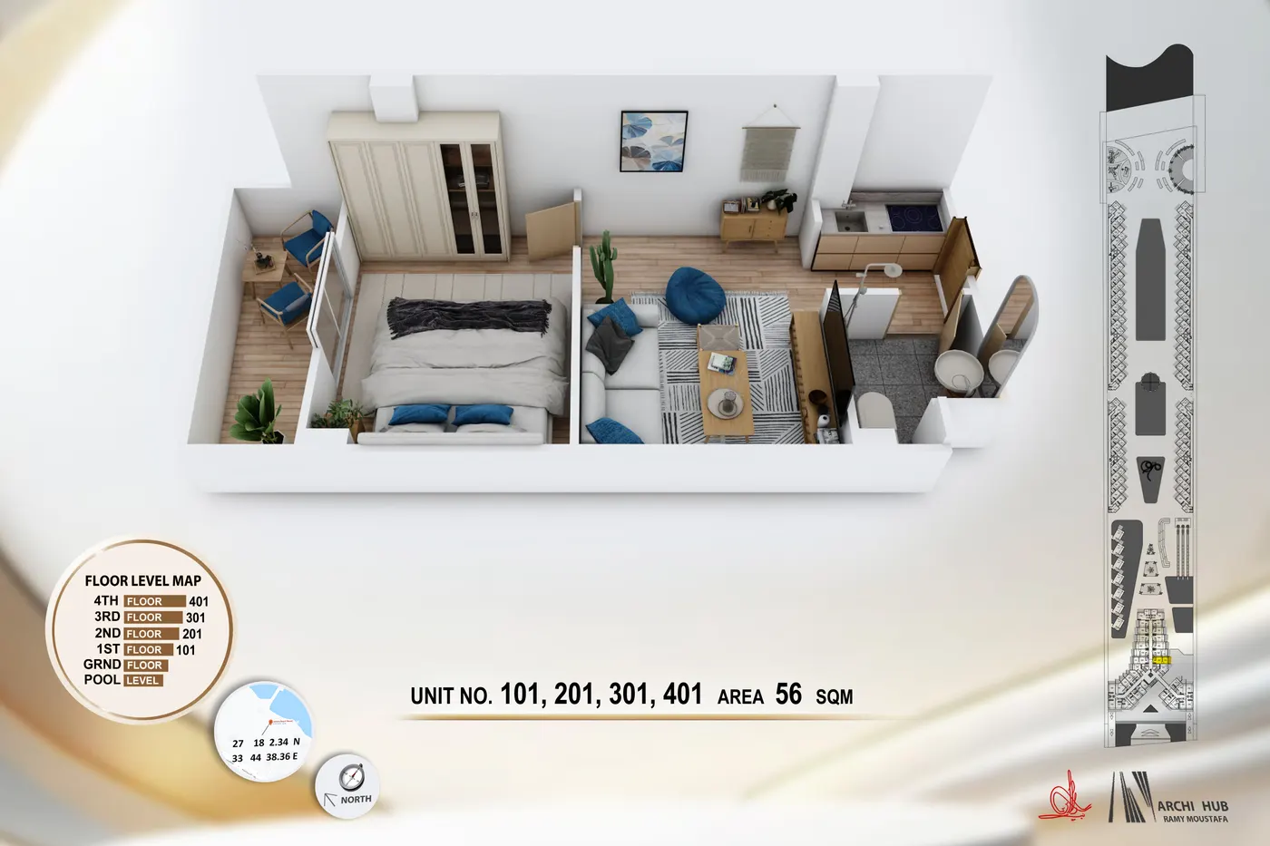 3D floor plan render of unit 101