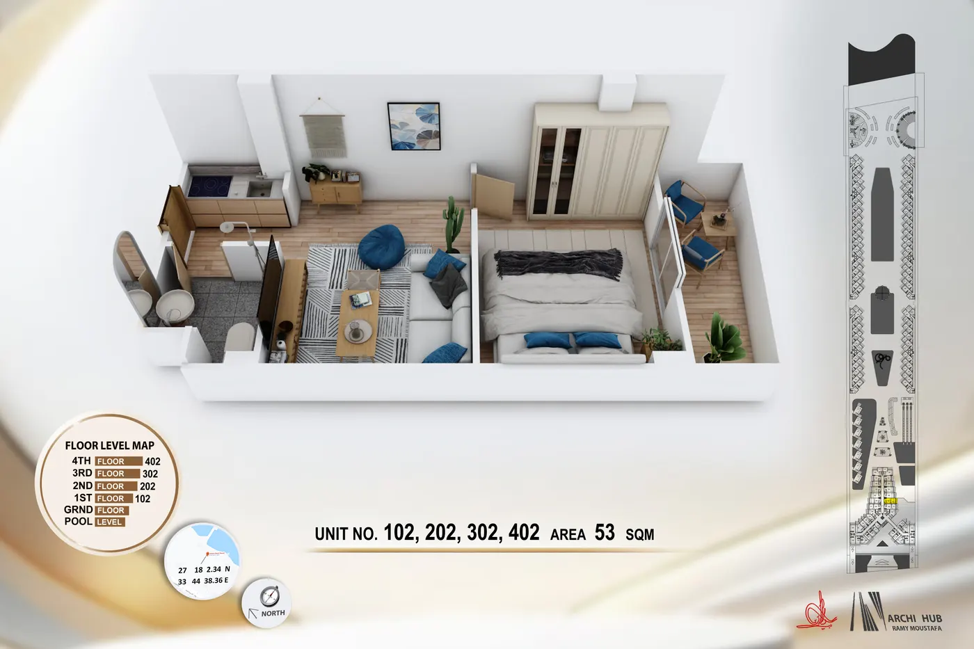 3D floor plan render of unit 202