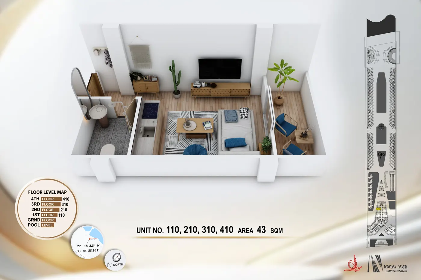 3D floor plan render of unit 110