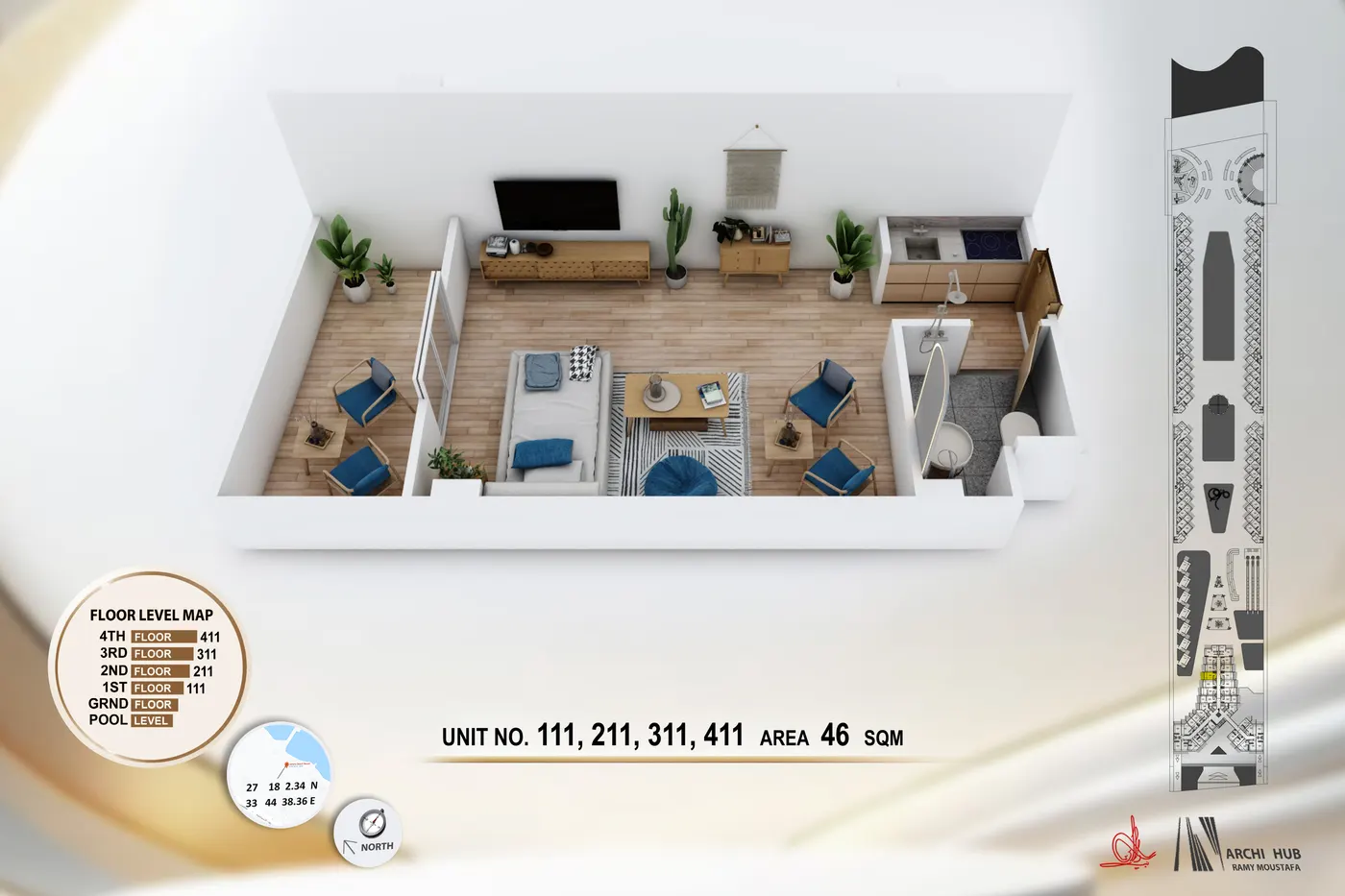 3D floor plan render of unit 211