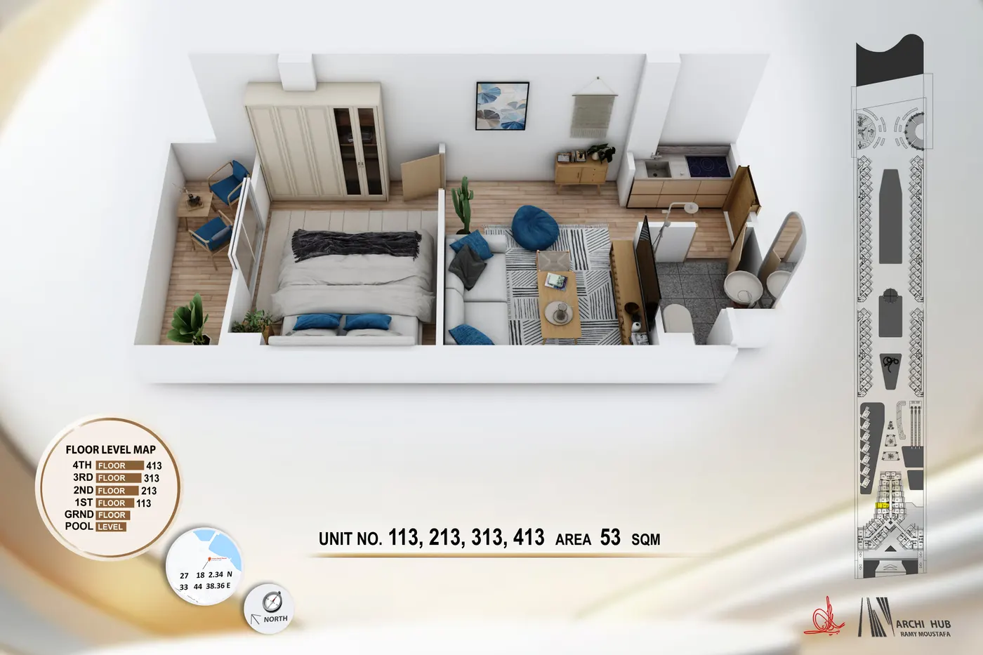 3D floor plan render of unit 413