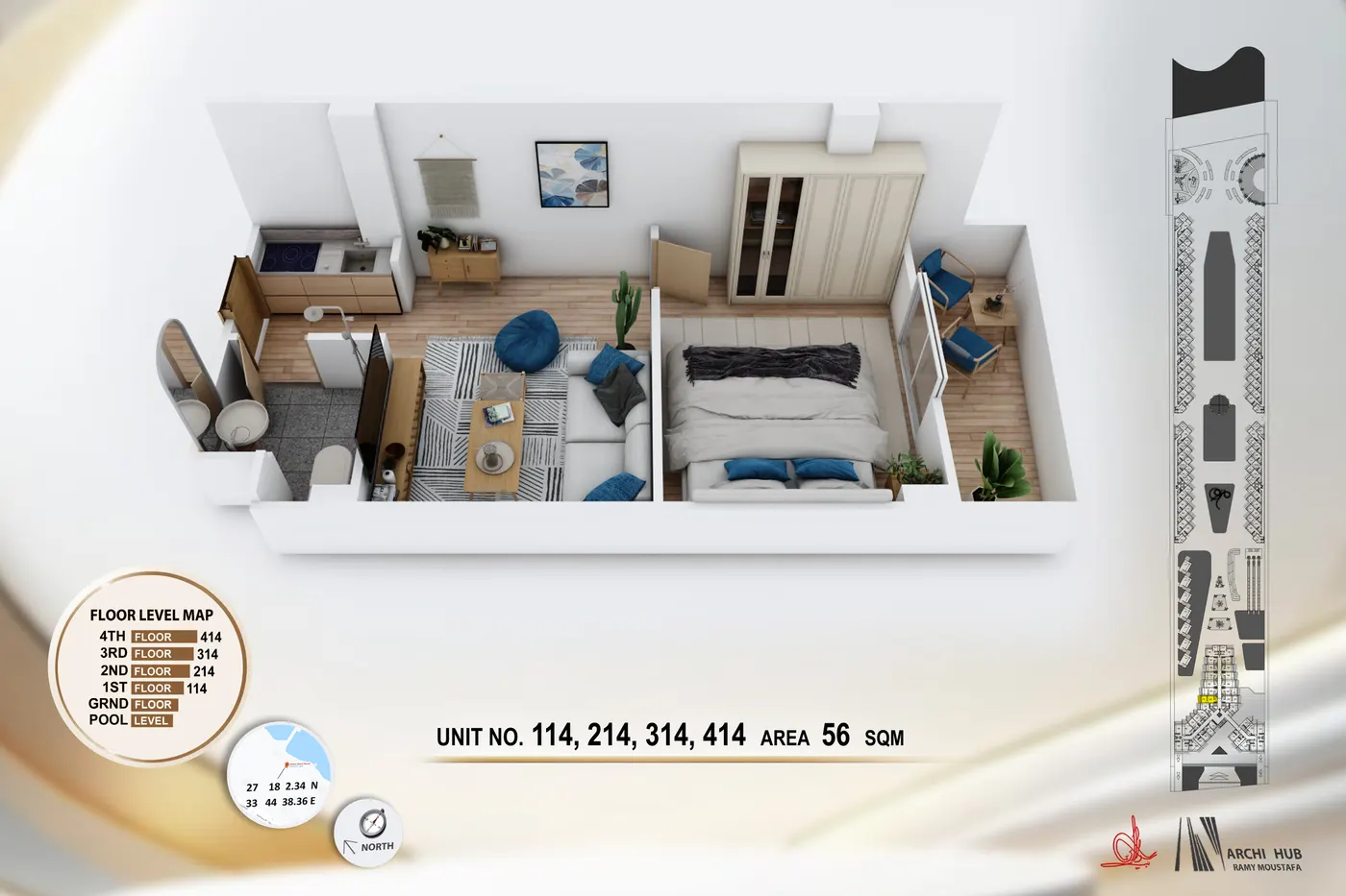 3D floor plan render of unit 414