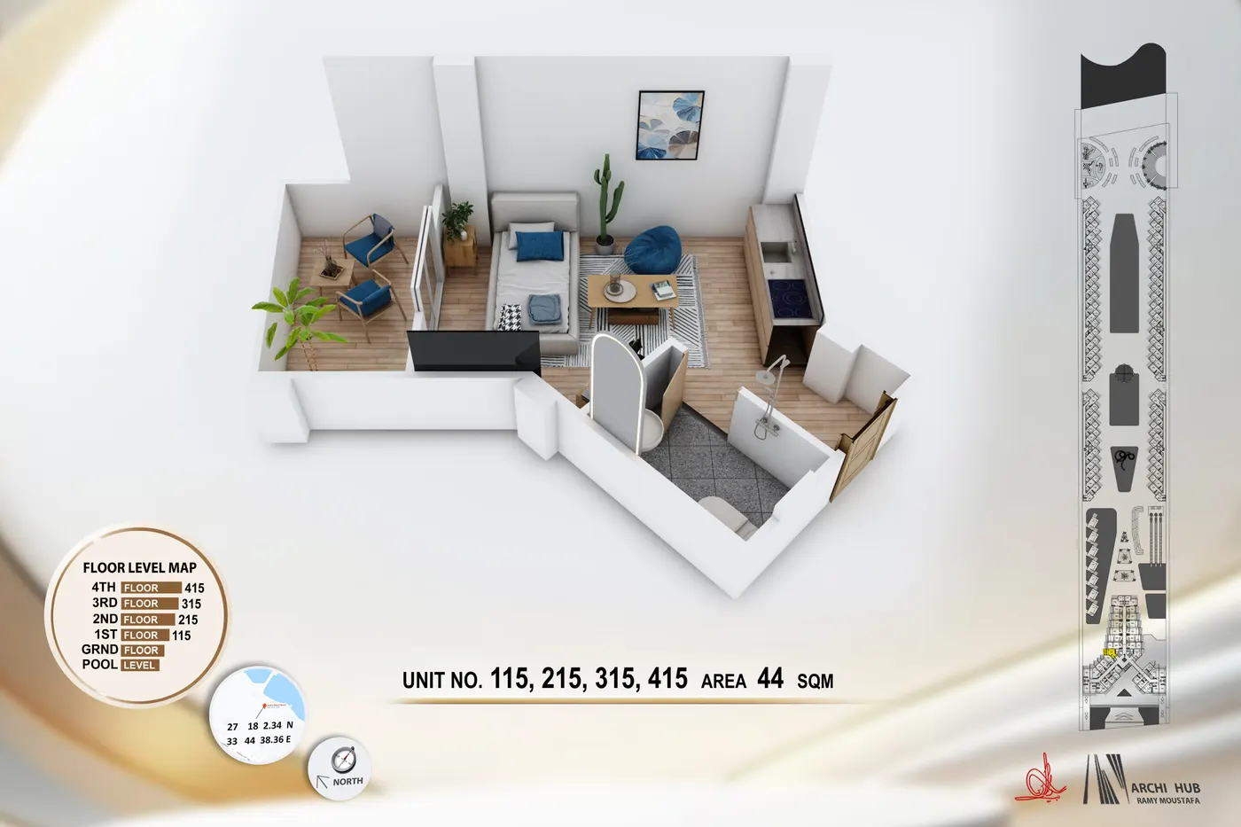 3D floor plan render of unit 415