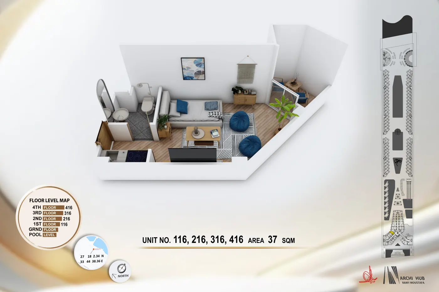 3D floor plan render of unit 116