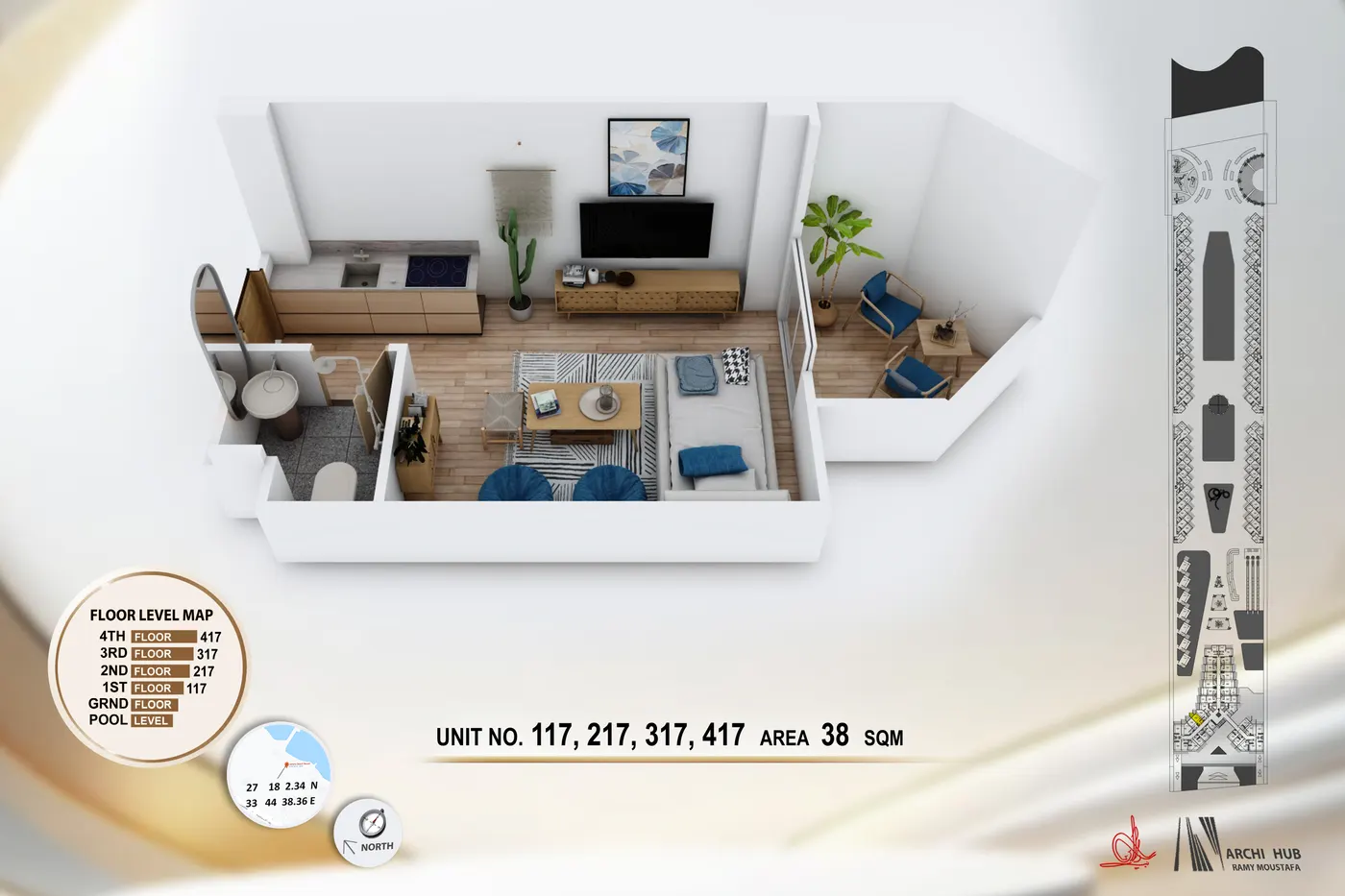 3D floor plan render of unit 417