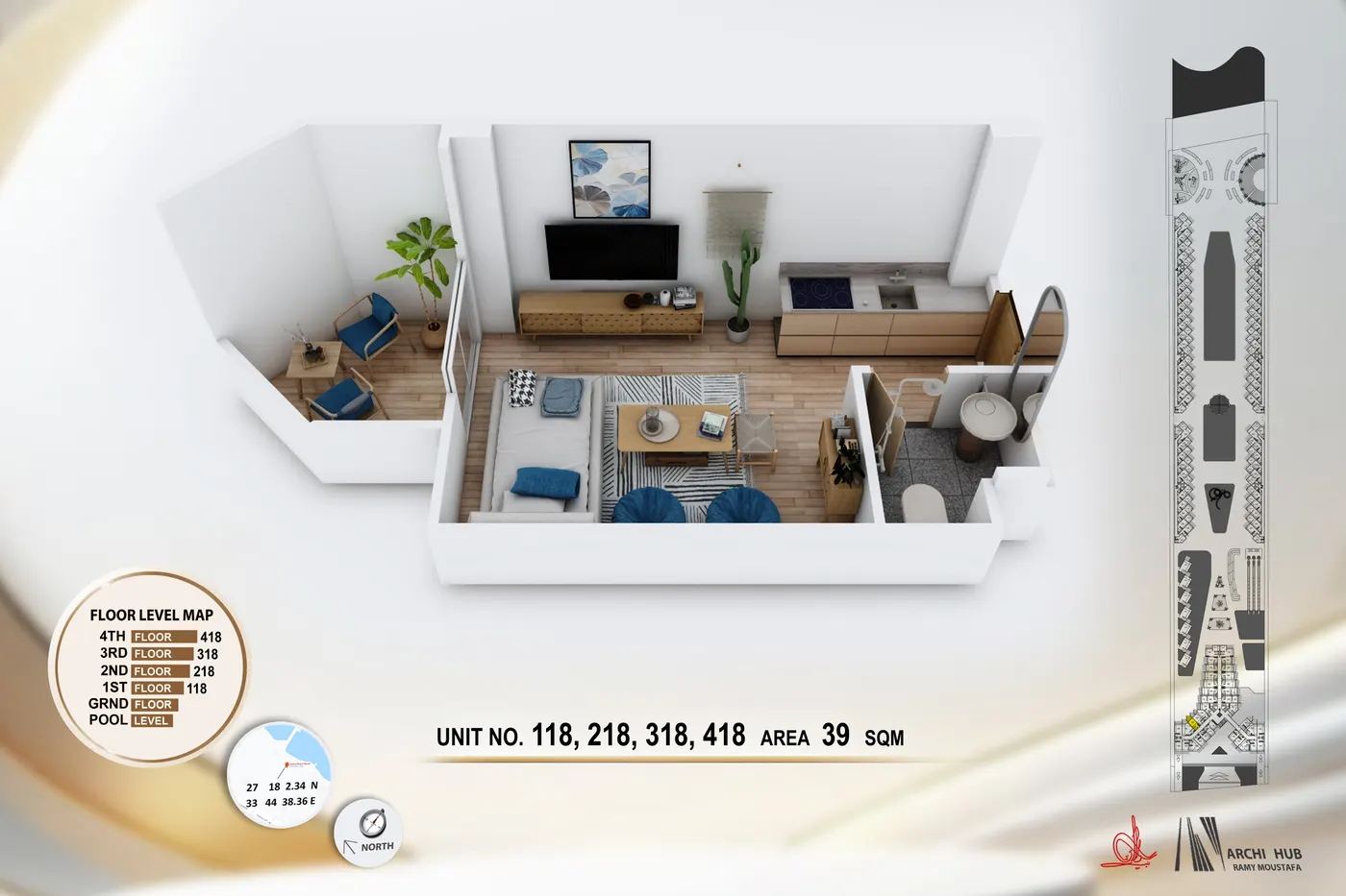 3D floor plan render of unit 218