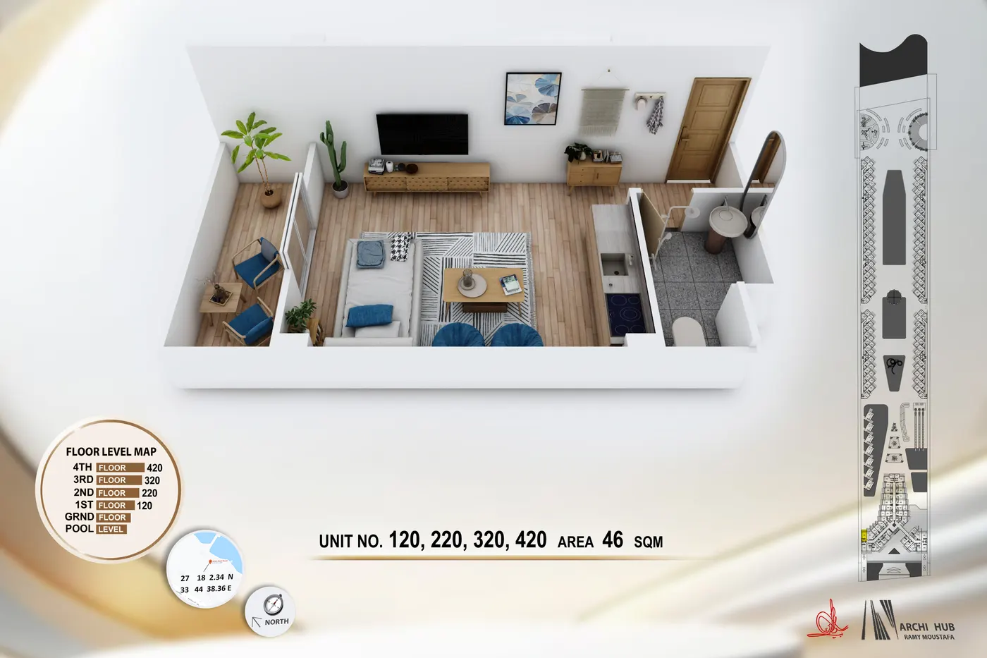 3D floor plan render of unit 320