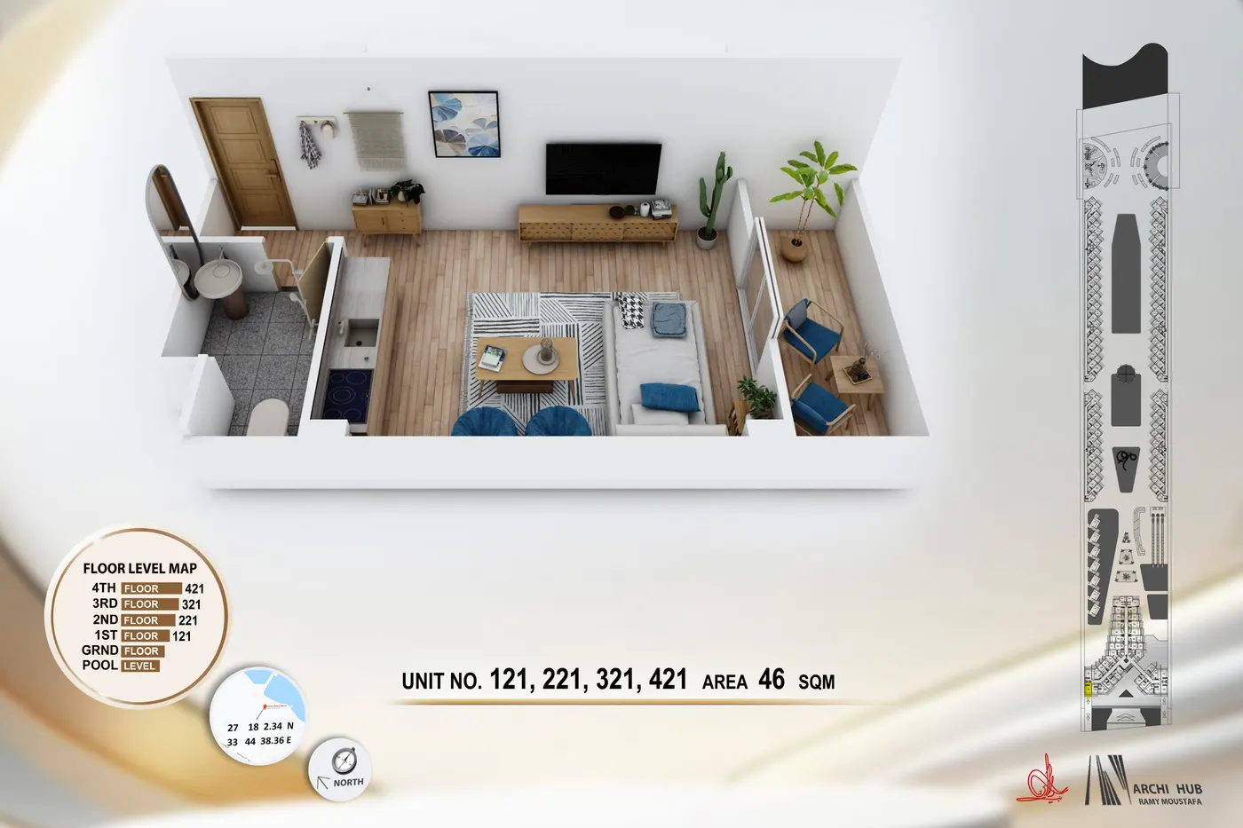 3D floor plan render of unit 421