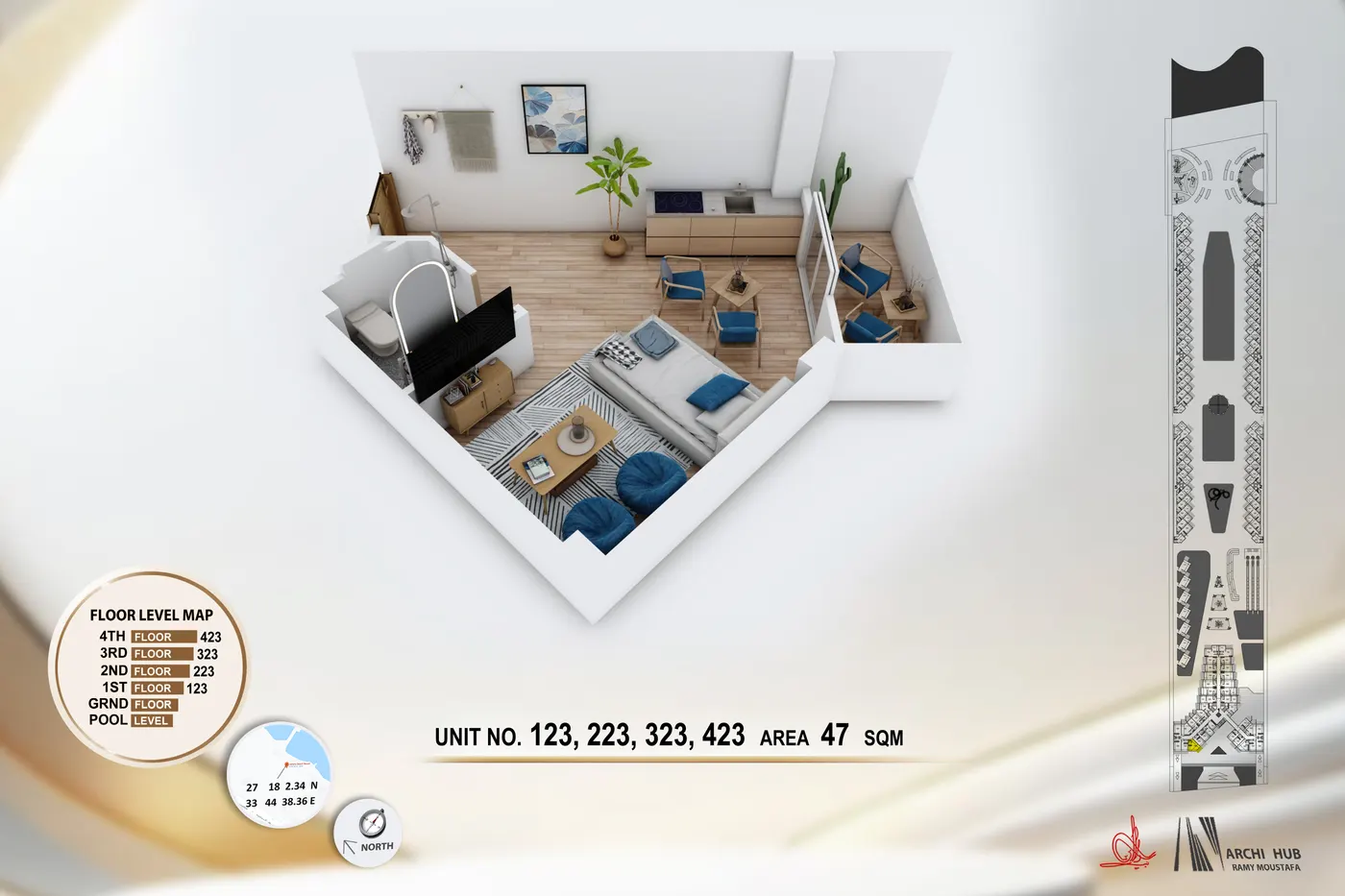 3D floor plan render of unit 123
