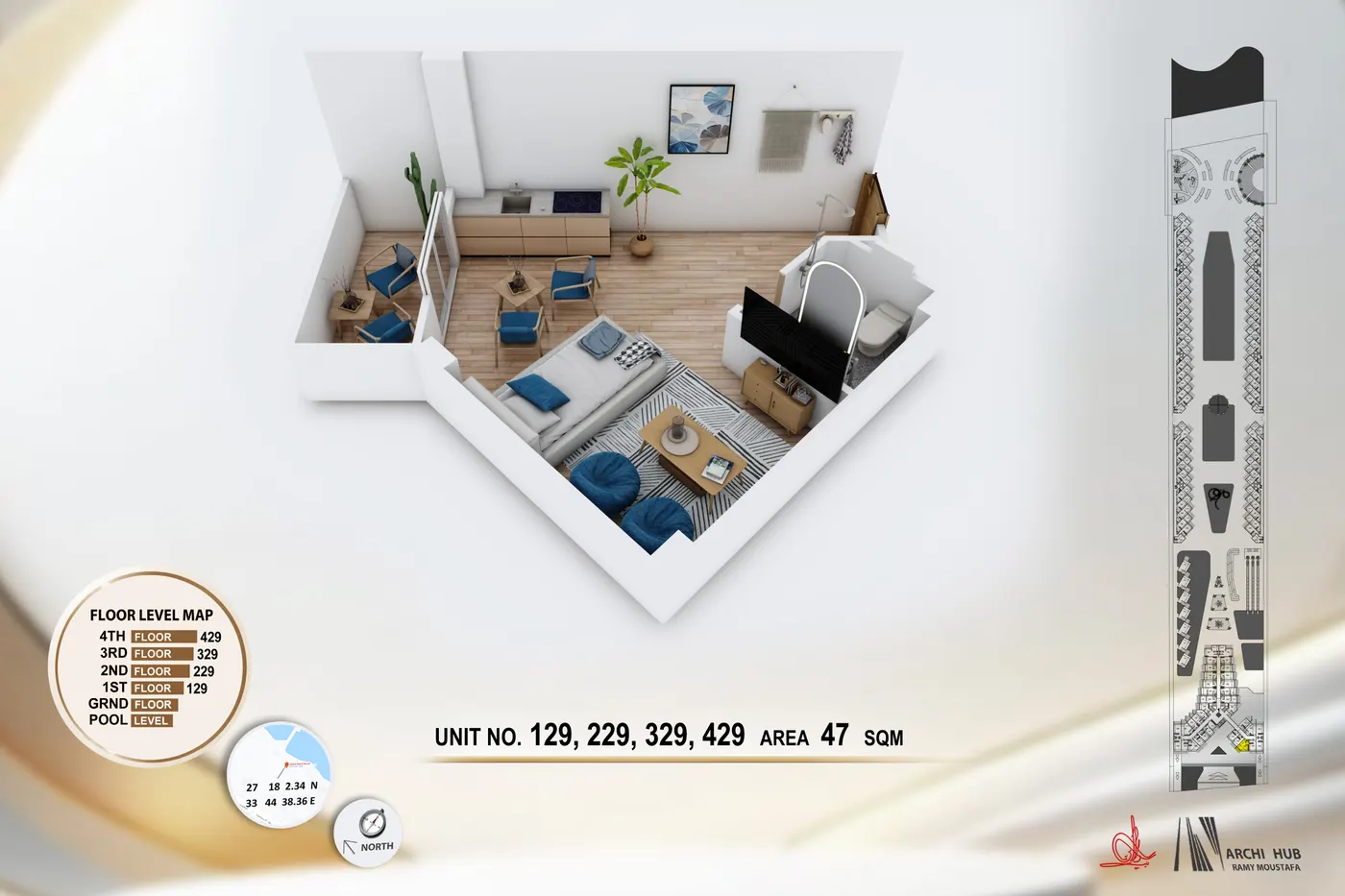 3D floor plan render of unit 129