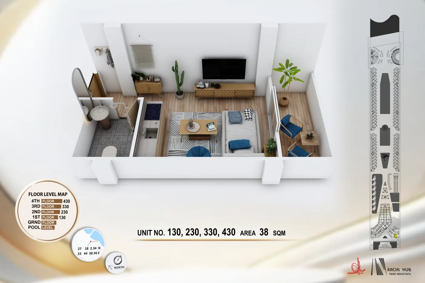 3D floor plan render of unit 130