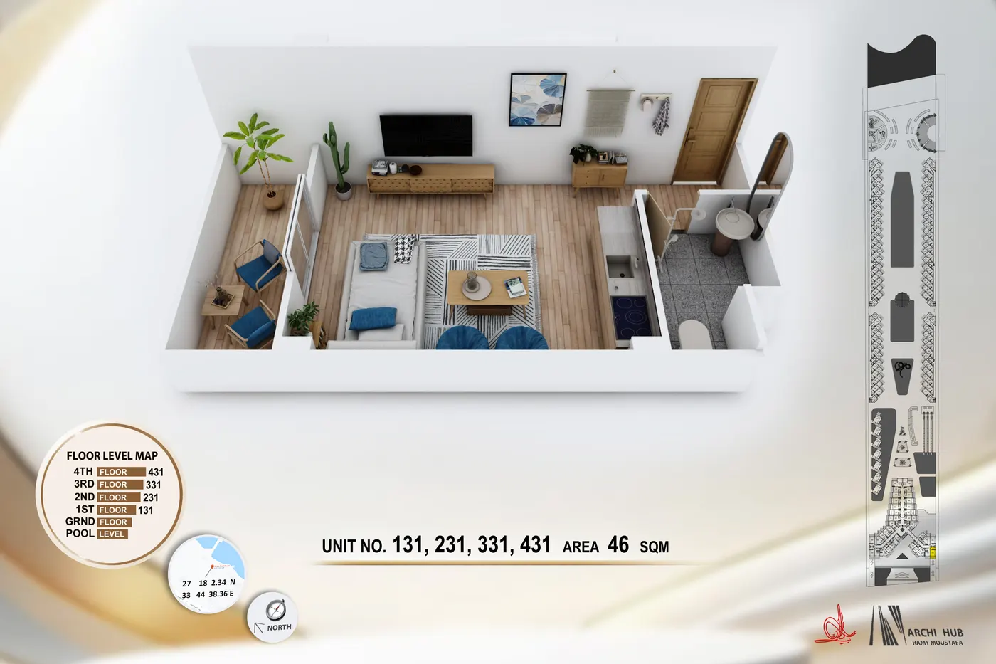3D floor plan render of unit 331