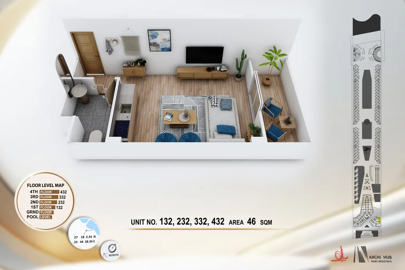 3D floor plan render of unit 232