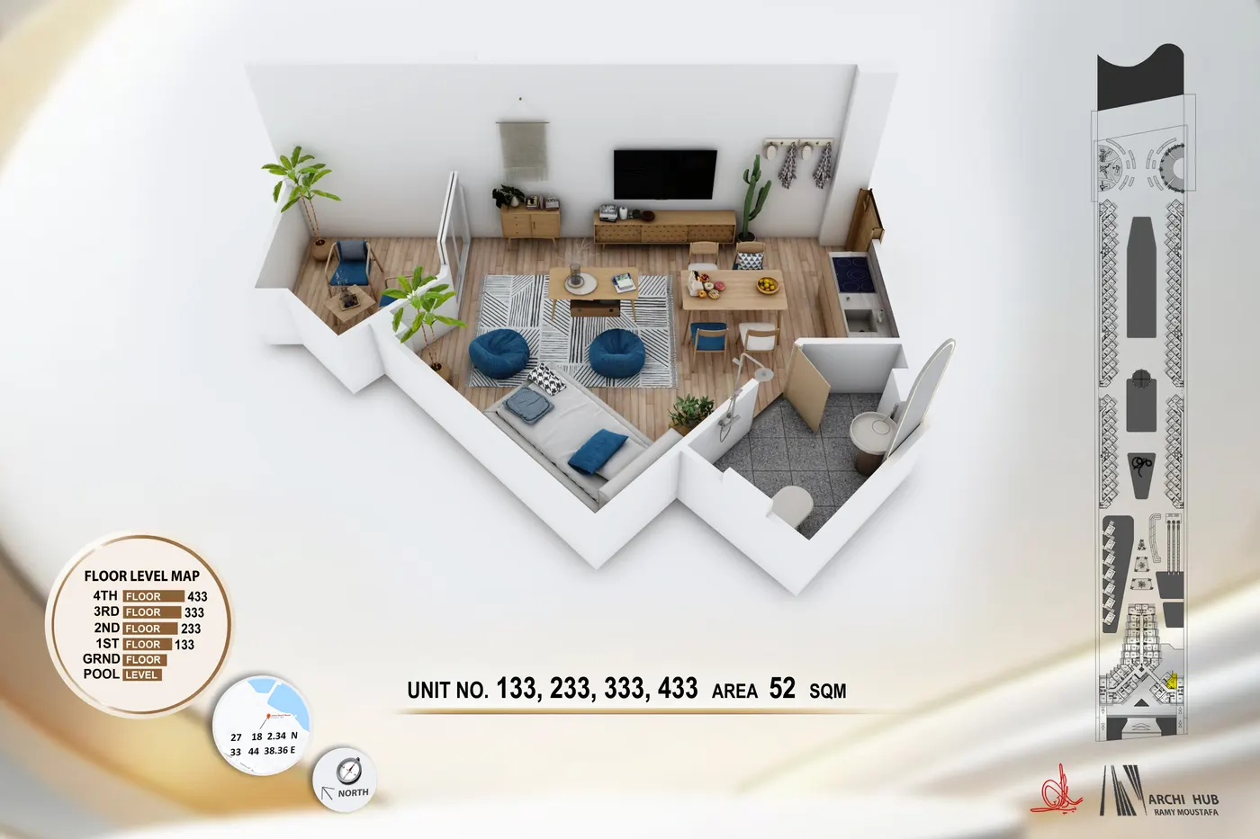 3D floor plan render of unit 433