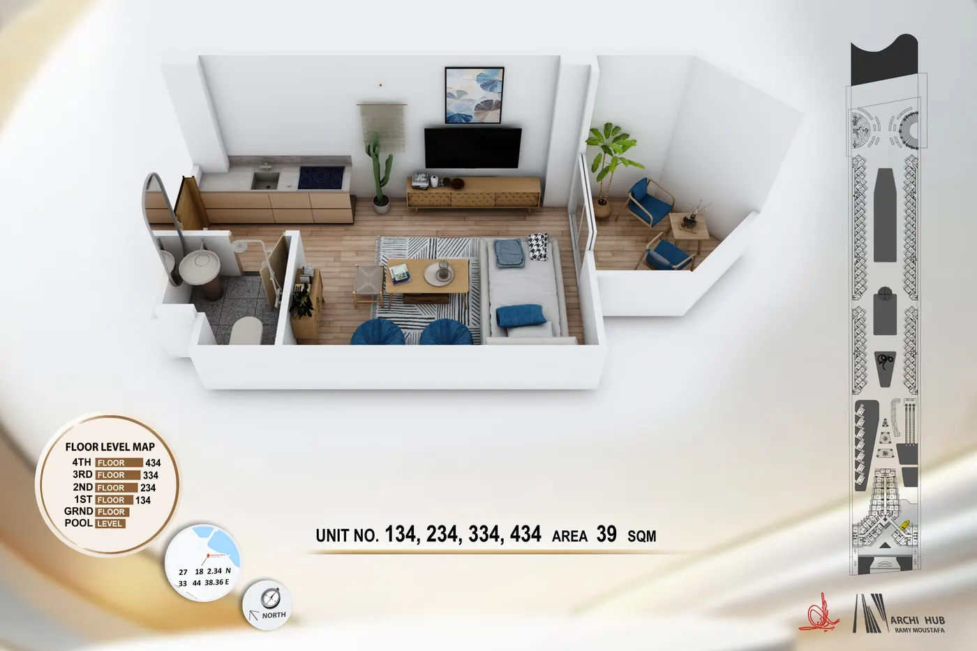 3D floor plan render of unit 334