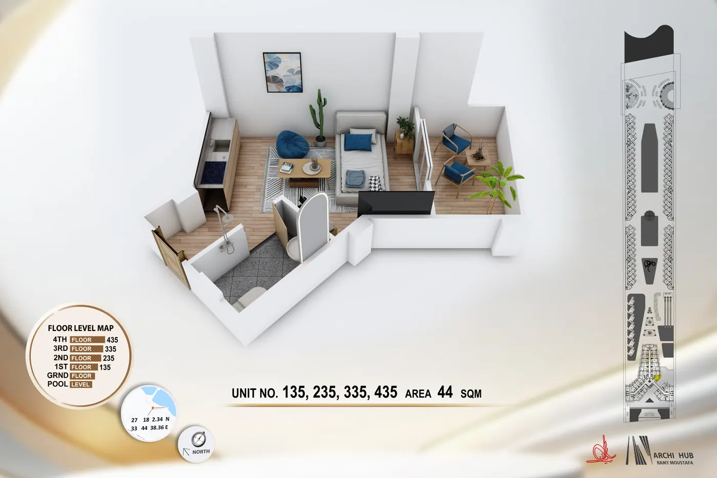 3D floor plan render of unit 435