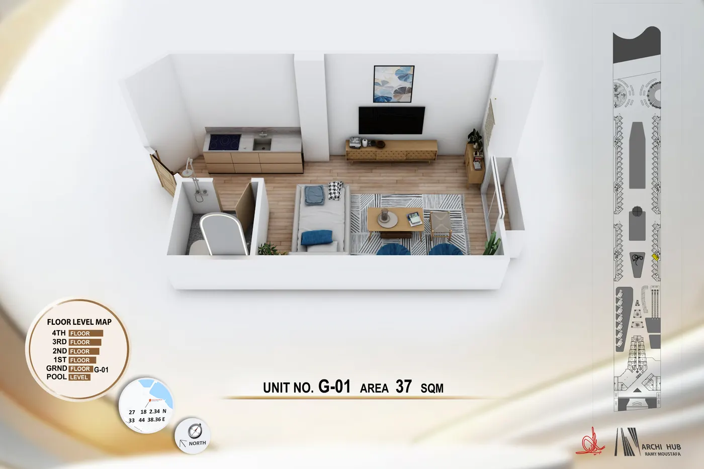 3D floor plan render of unit G1