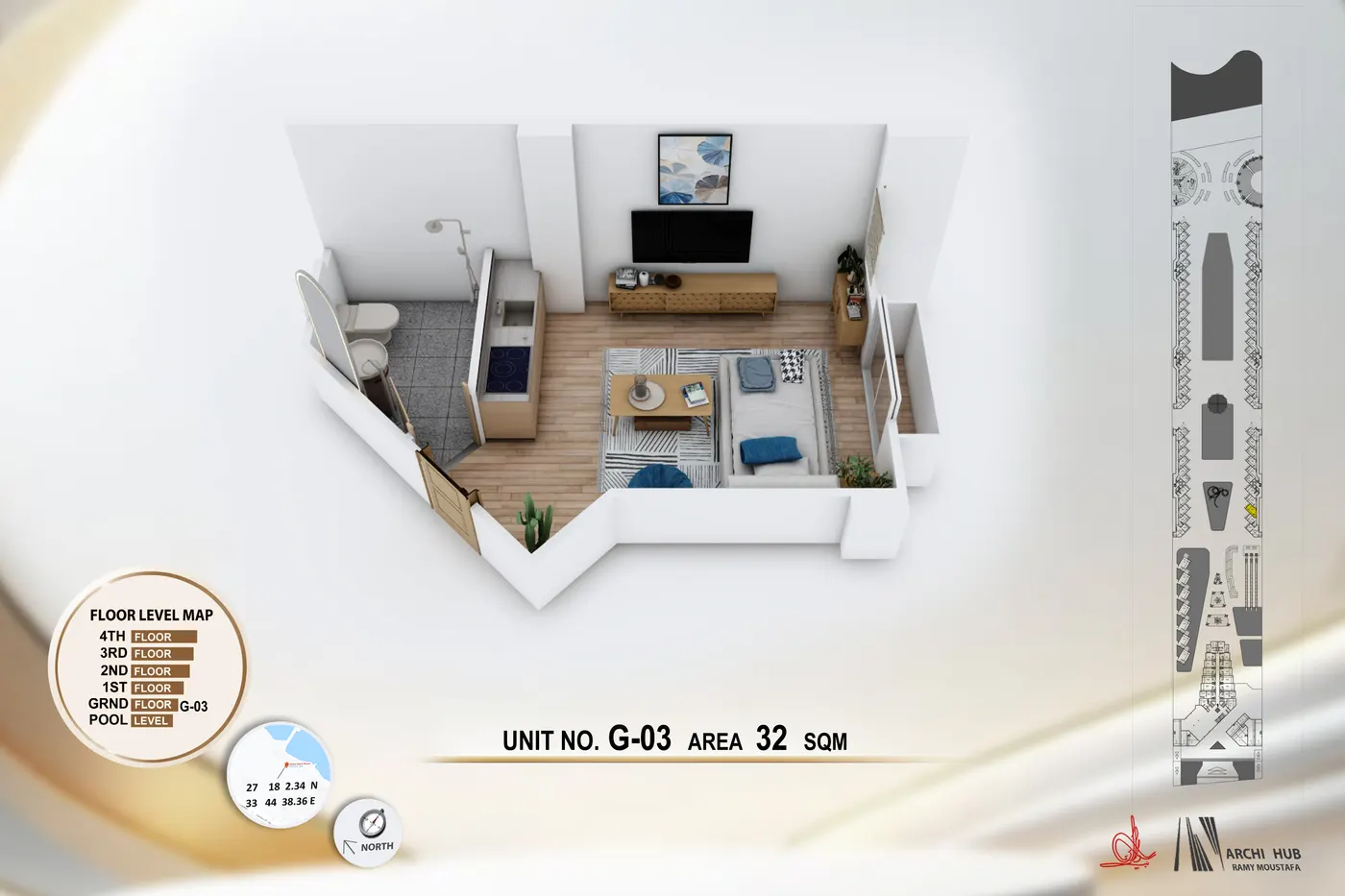 3D floor plan render of unit G3