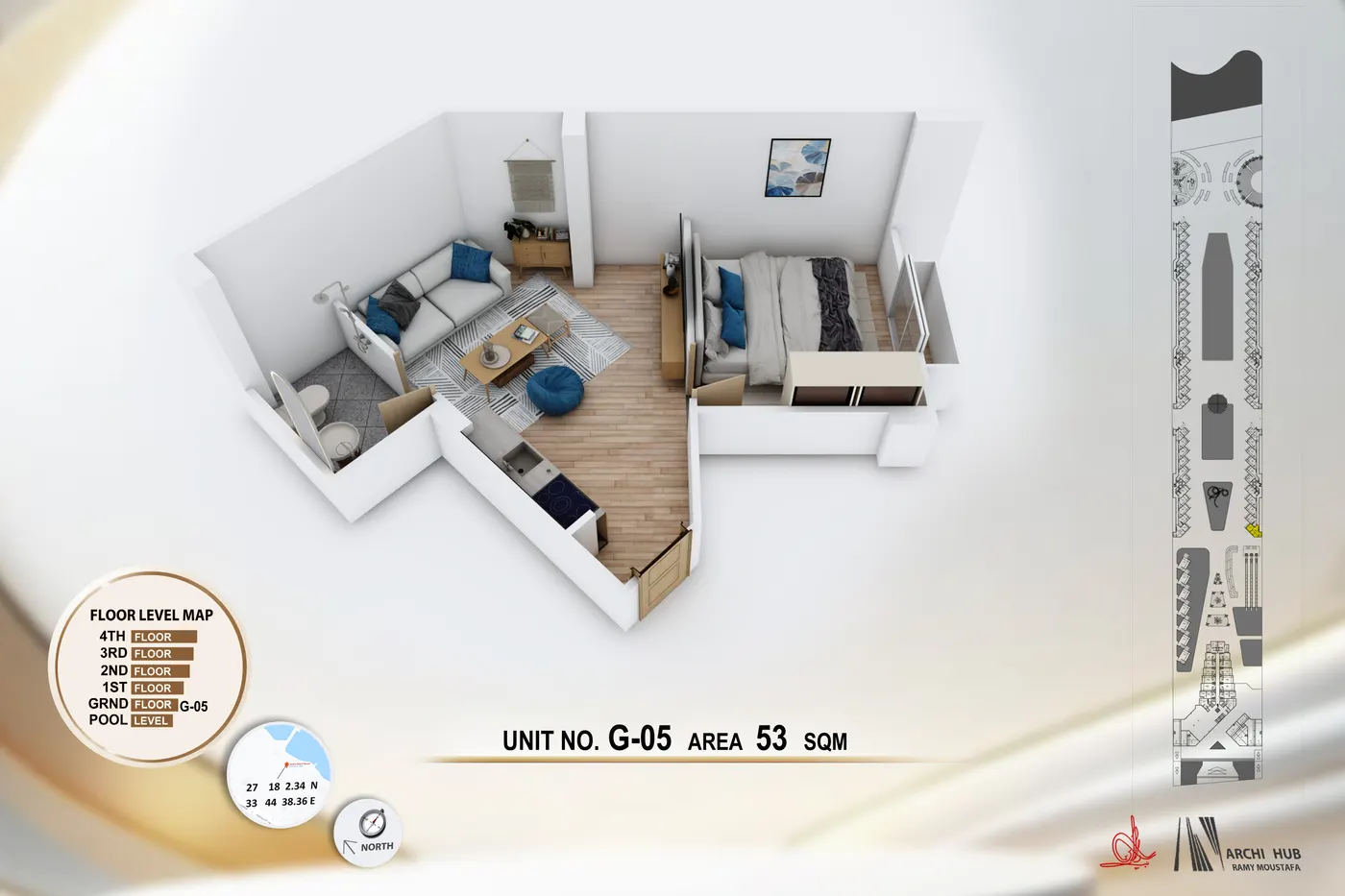 3D floor plan render of unit G5