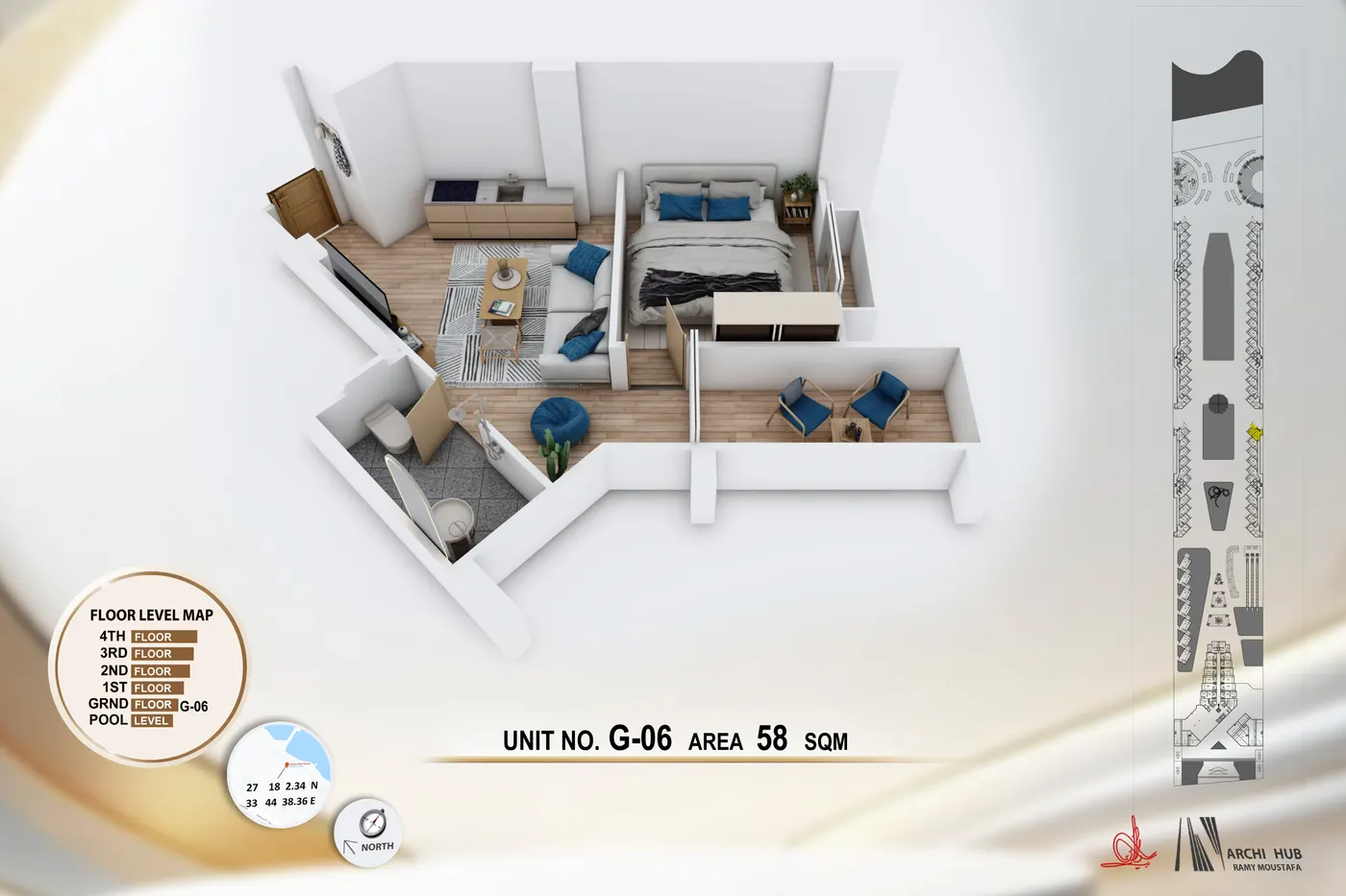 3D floor plan render of unit G6