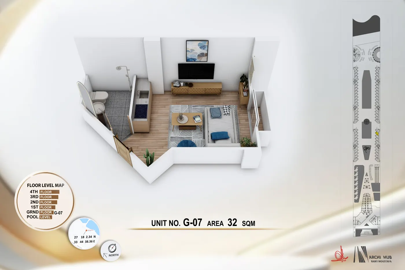 3D floor plan render of unit G7