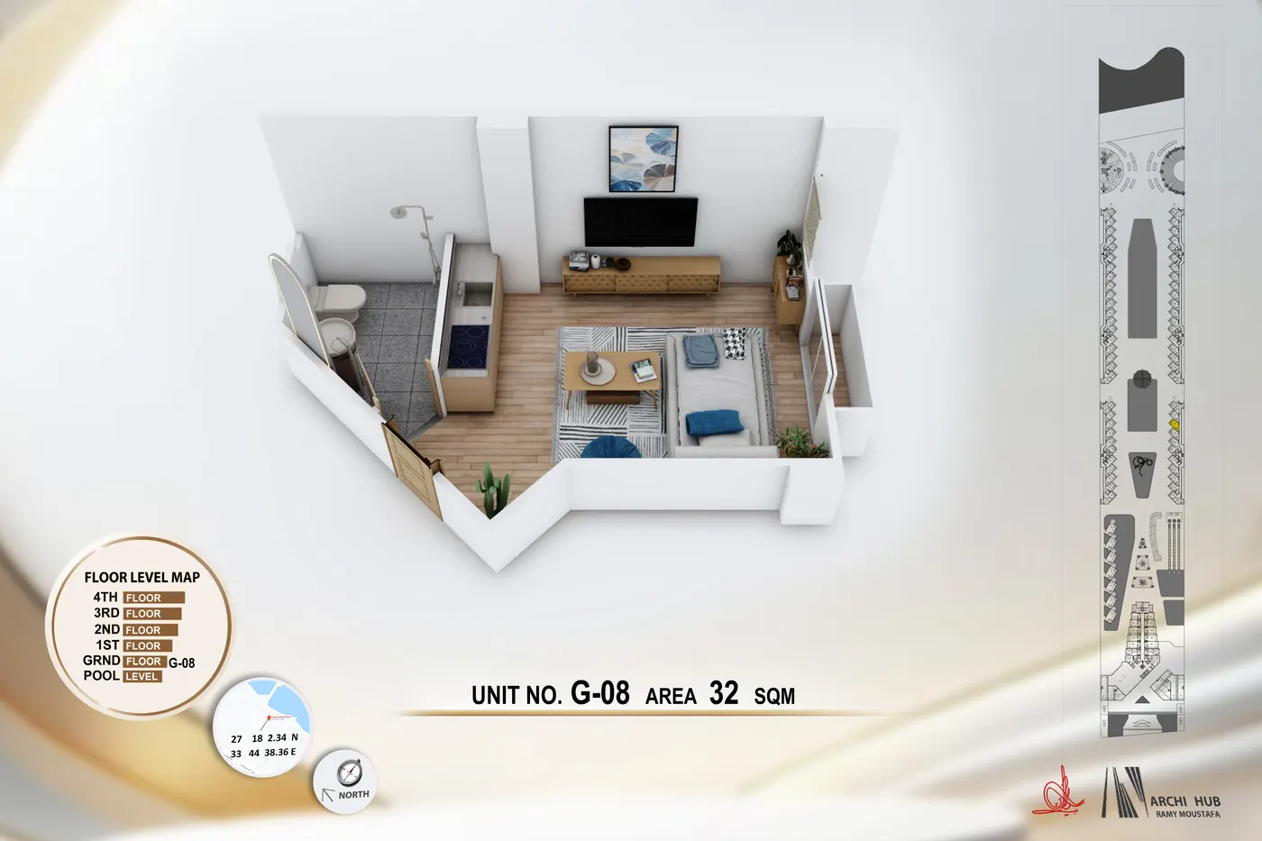 3D floor plan render of unit G8