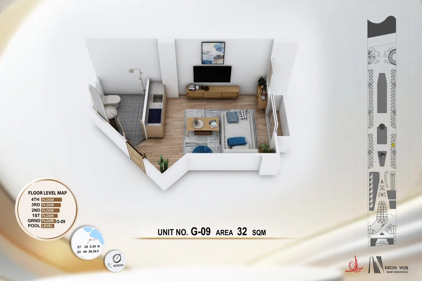 3D floor plan render of unit G9