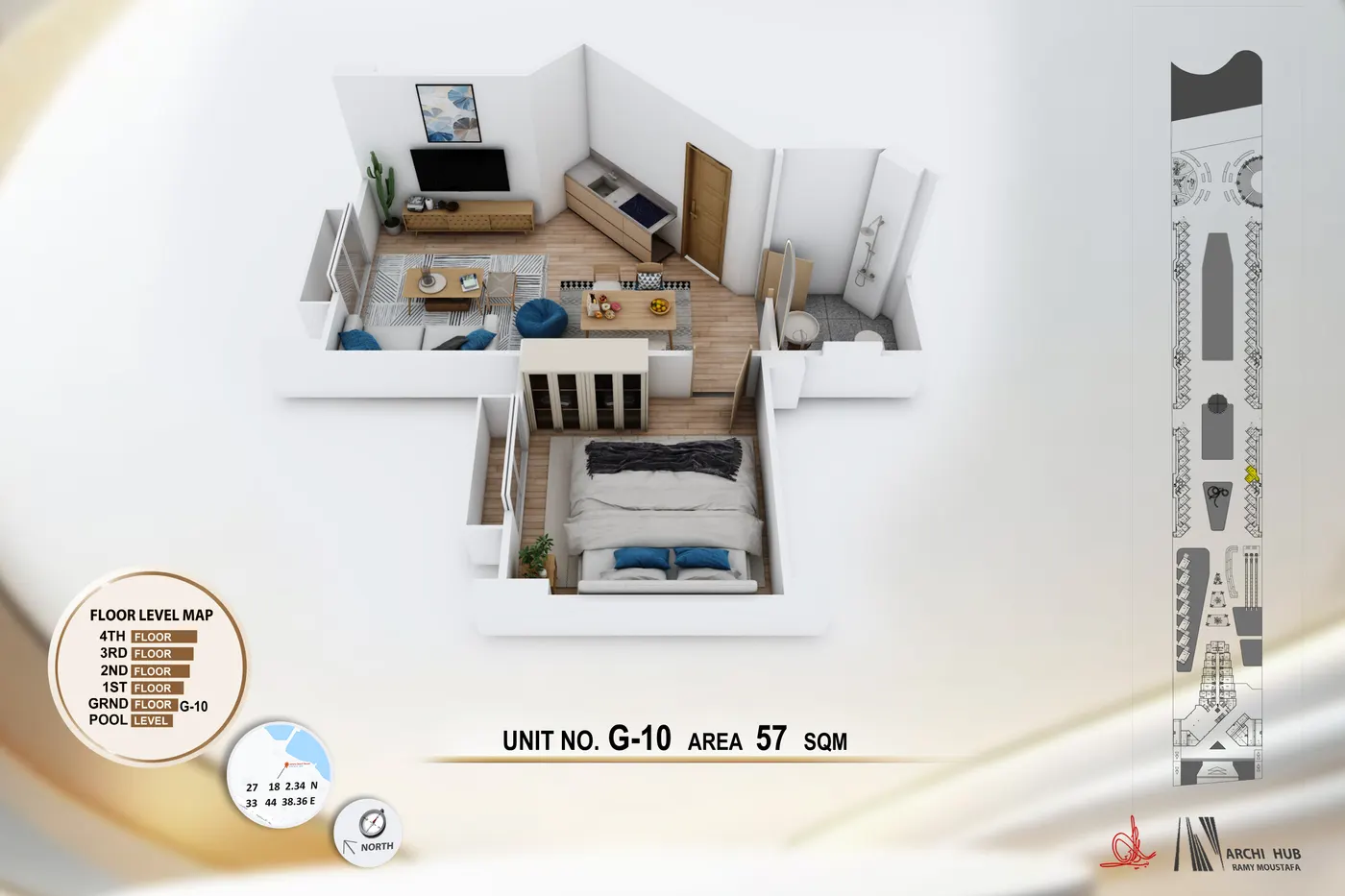 3D floor plan render of unit G10