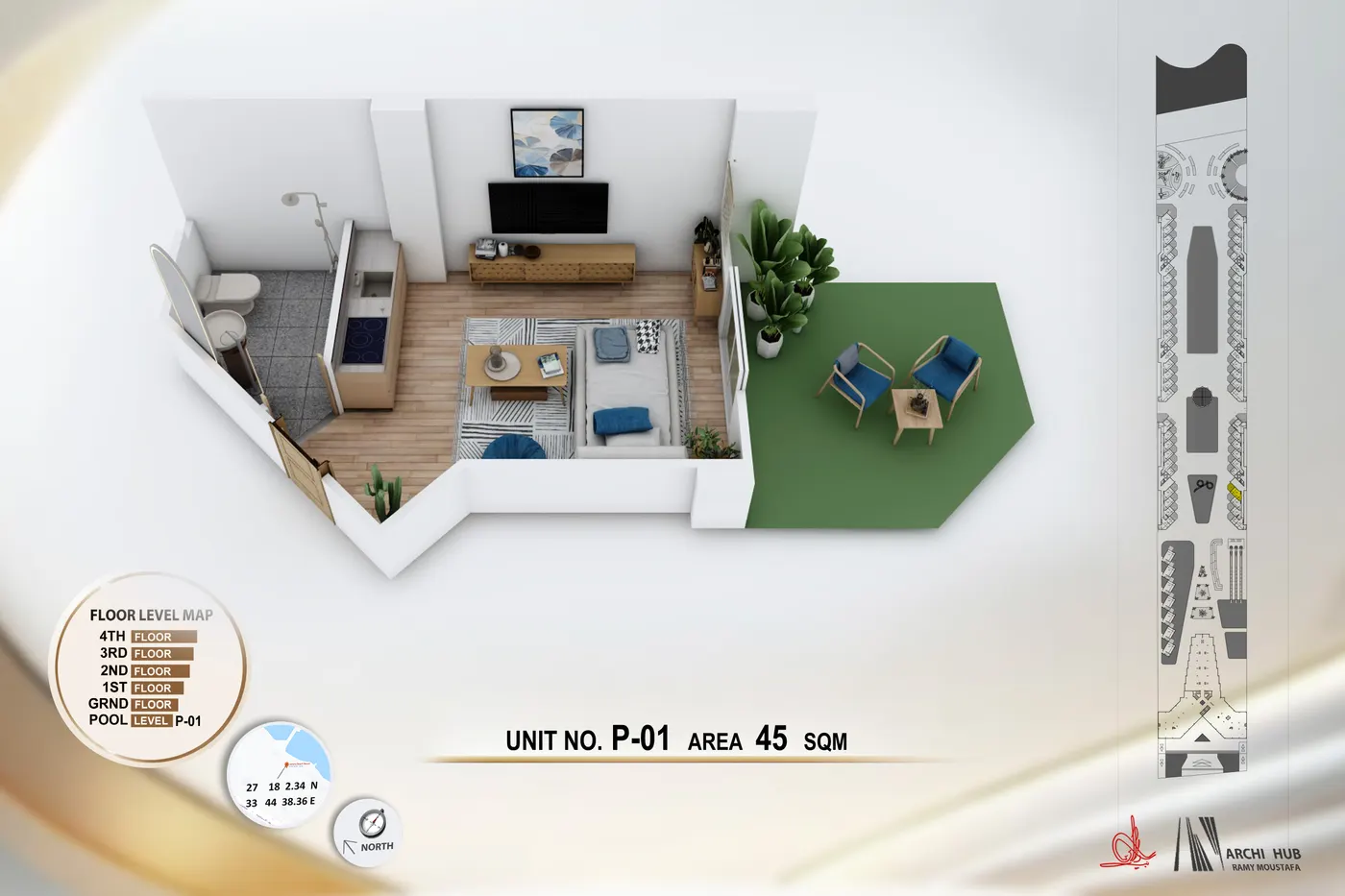 3D floor plan render of unit B1