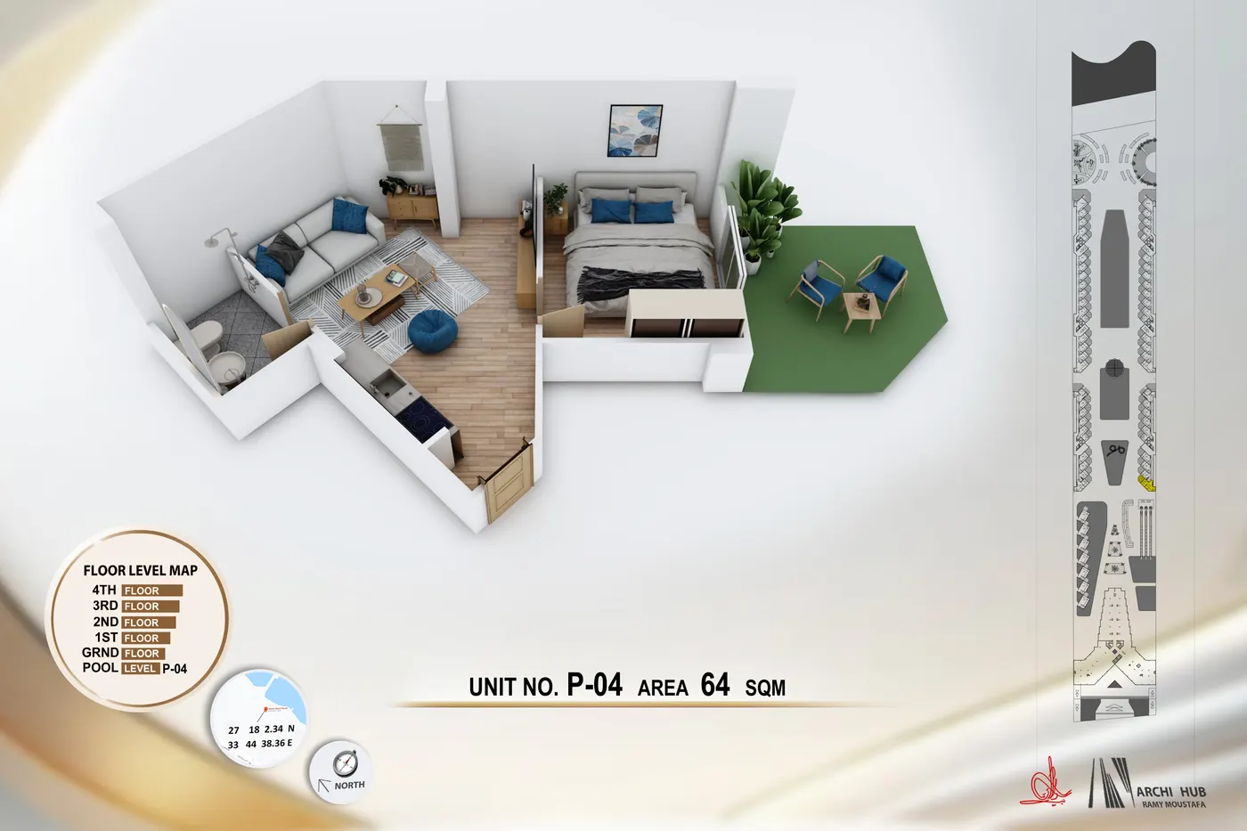 3D floor plan render of unit B4