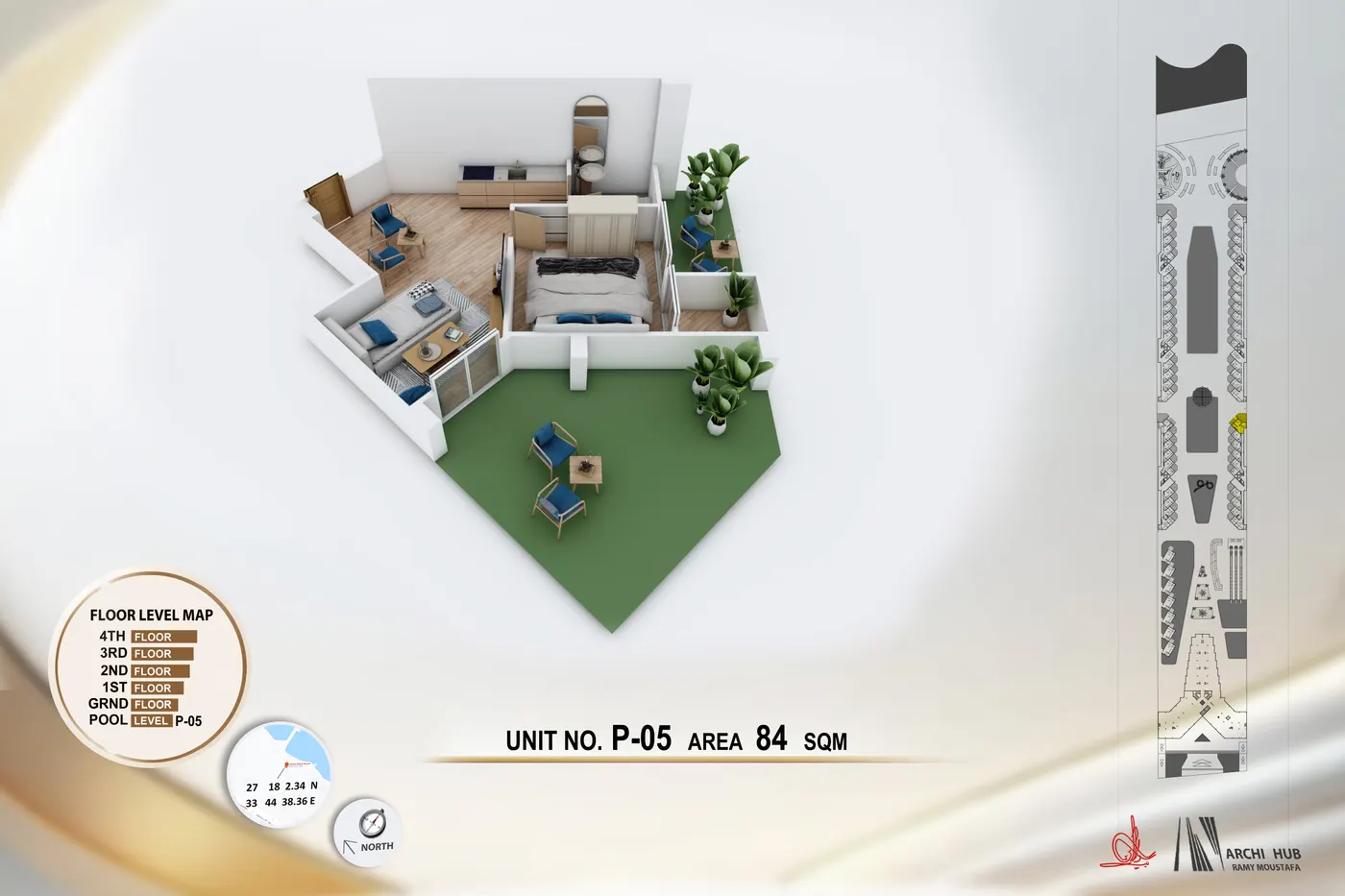 3D floor plan render of unit B5