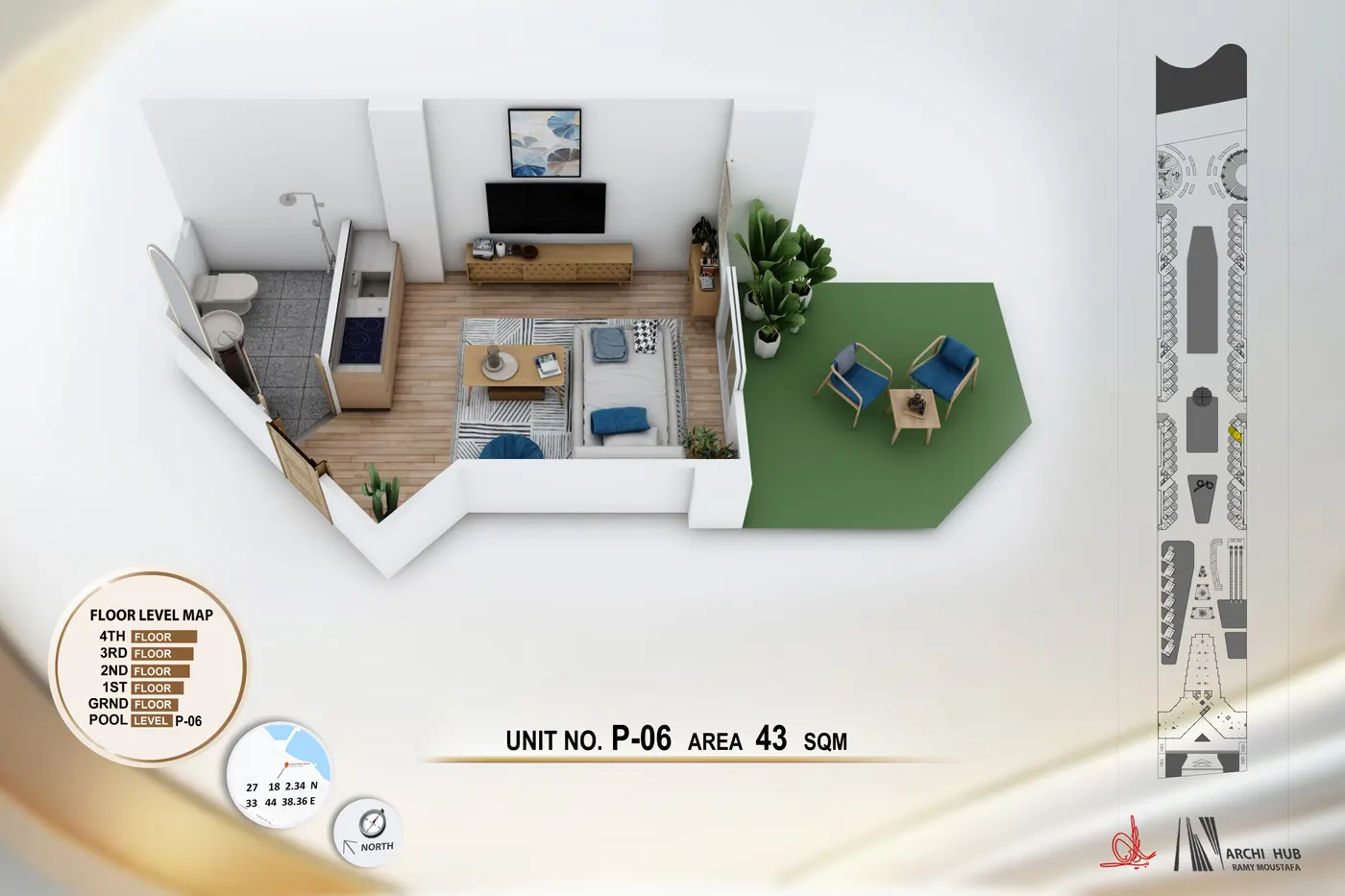 3D floor plan render of unit B6