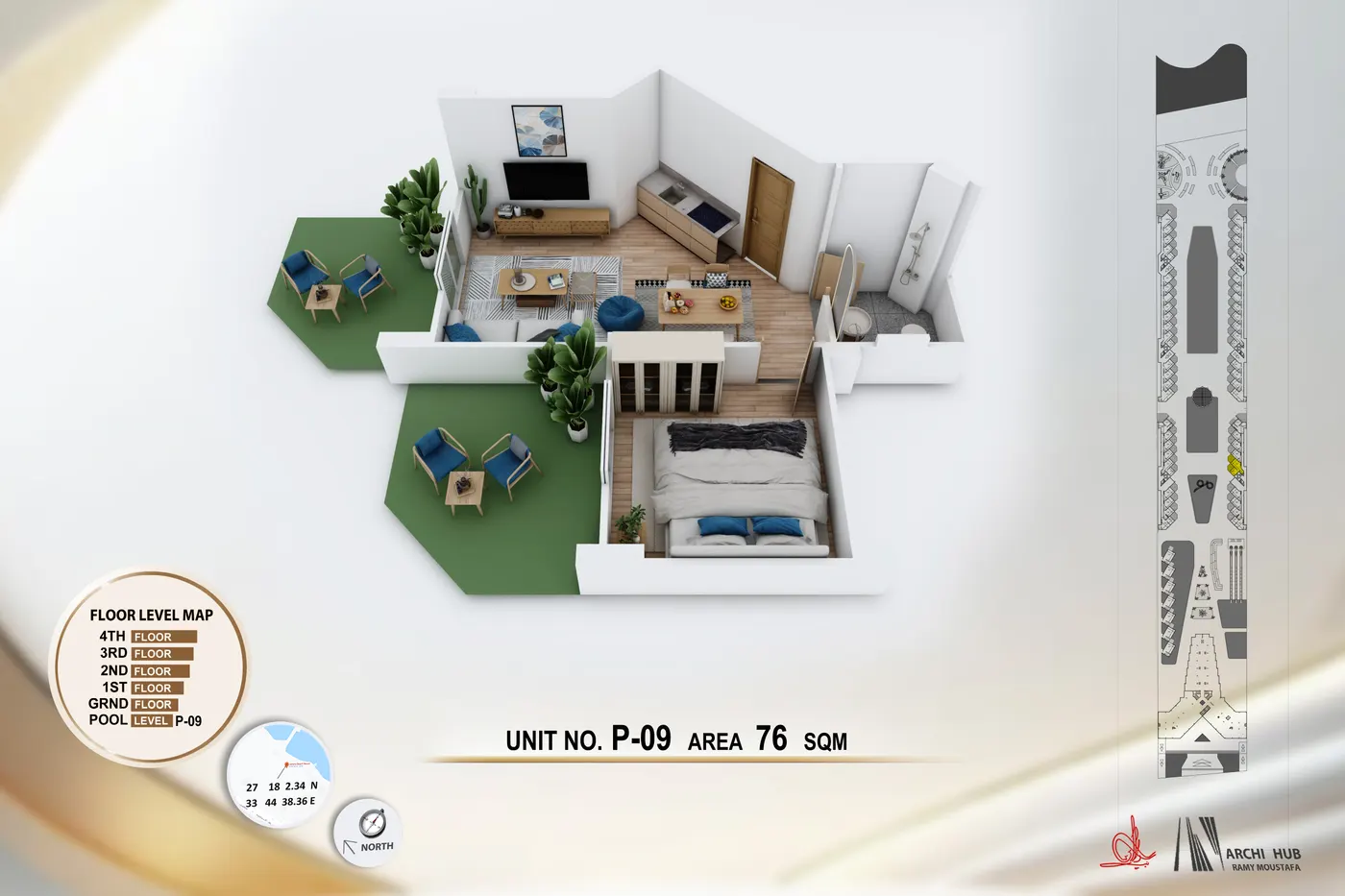 3D floor plan render of unit B9