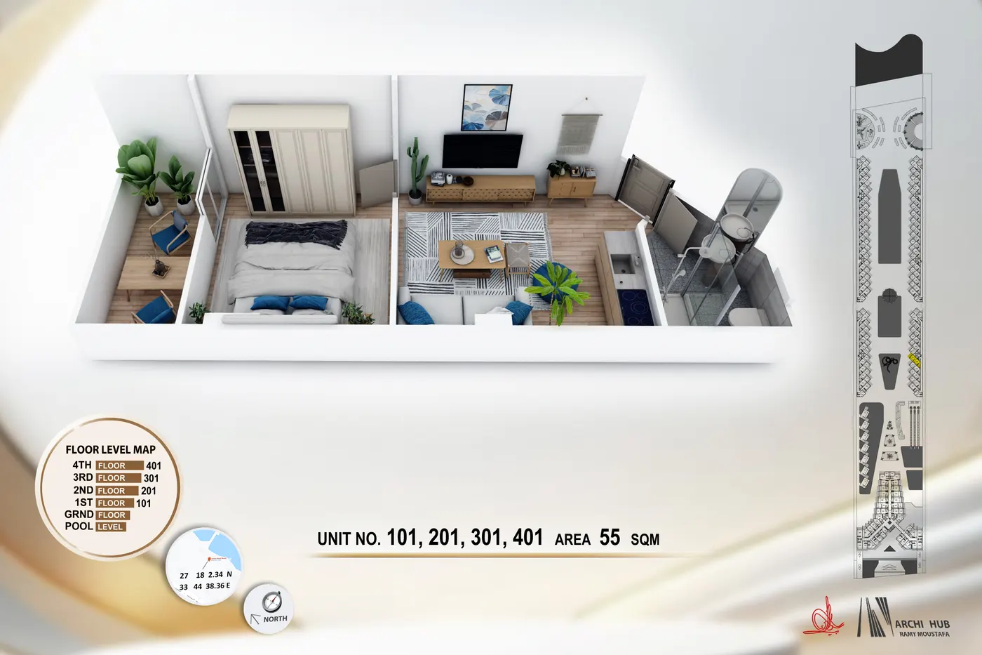 3D floor plan render of unit 101