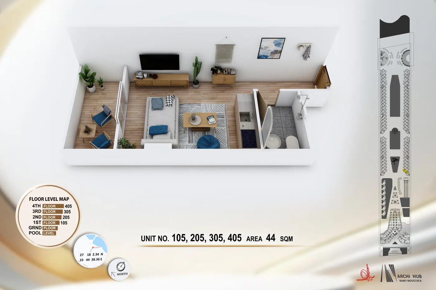 3D floor plan render of unit 405