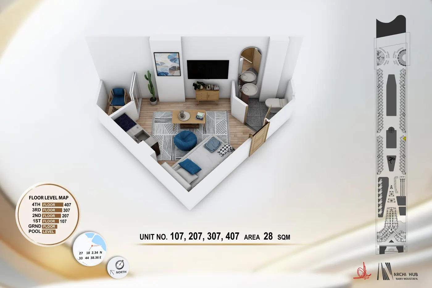 3D floor plan render of unit 207