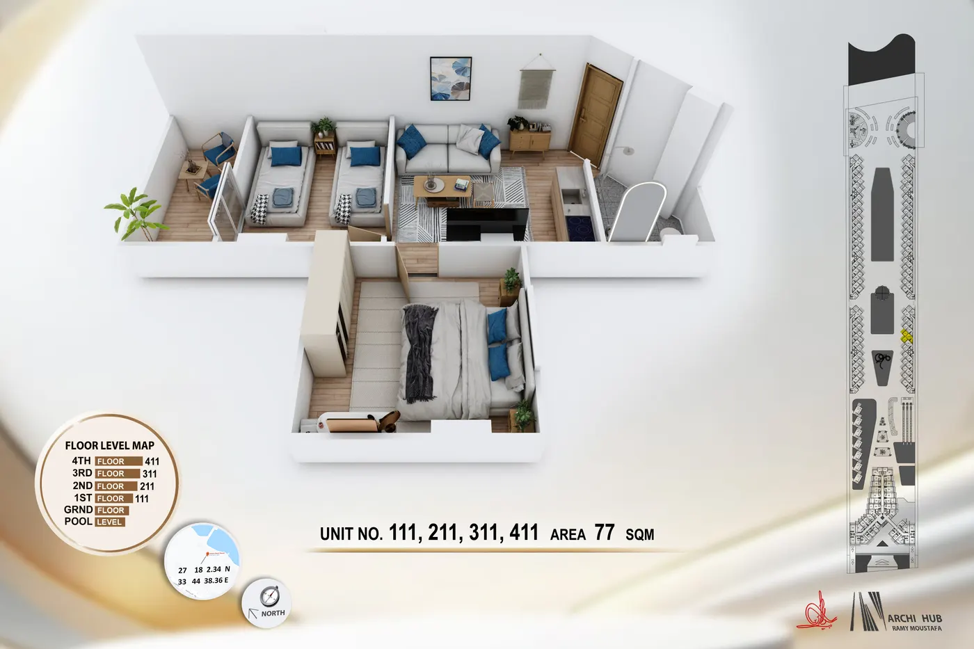 3D floor plan render of unit 111