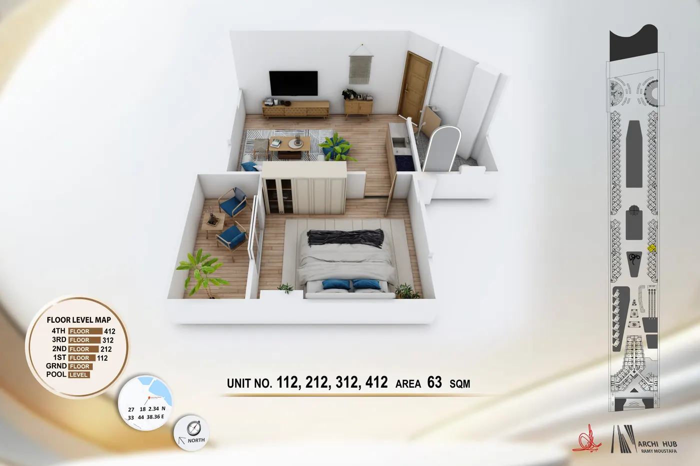 3D floor plan render of unit 112