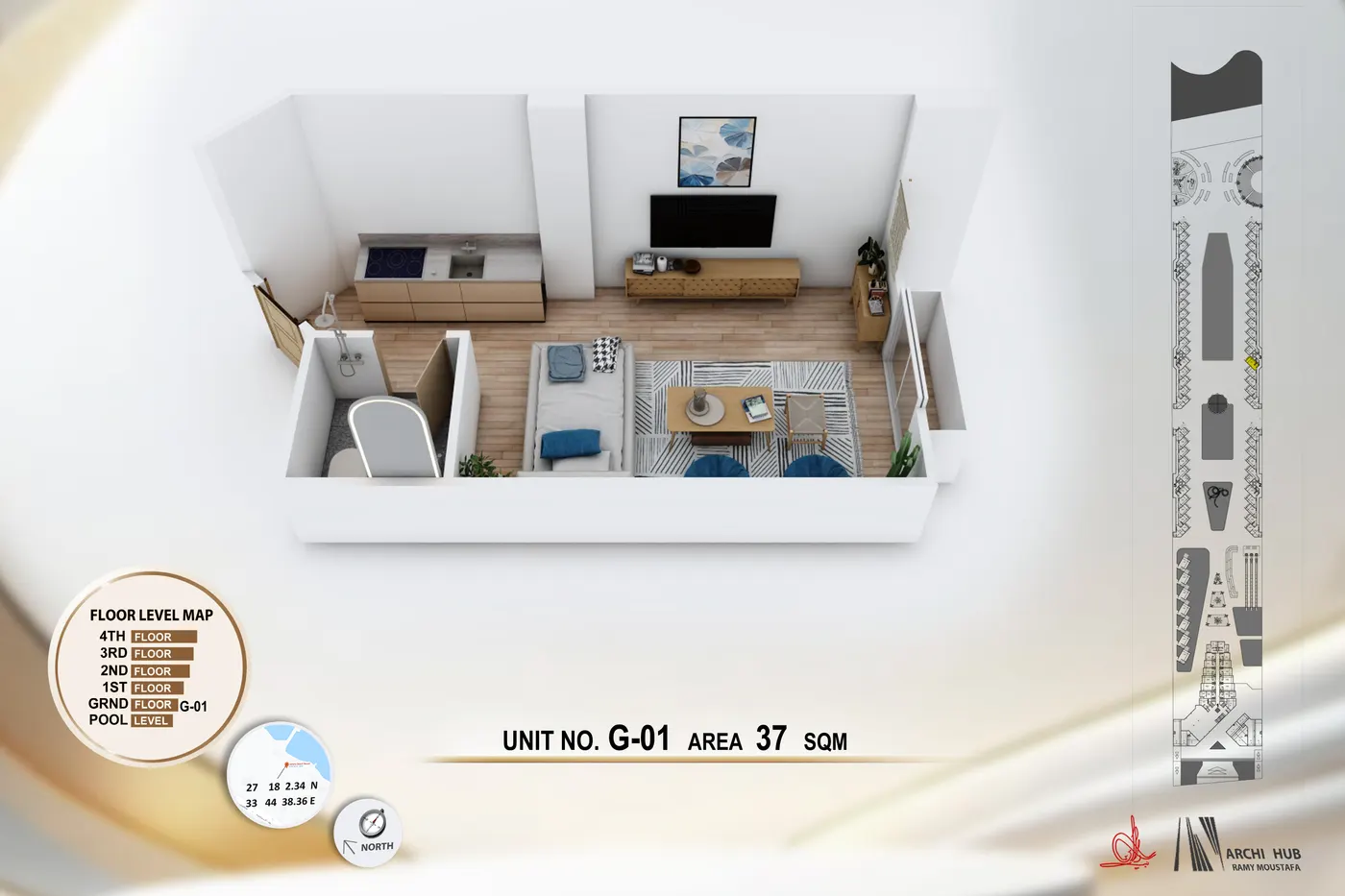 3D floor plan render of unit G1
