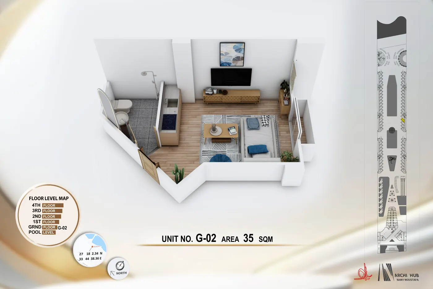 3D floor plan render of unit G2