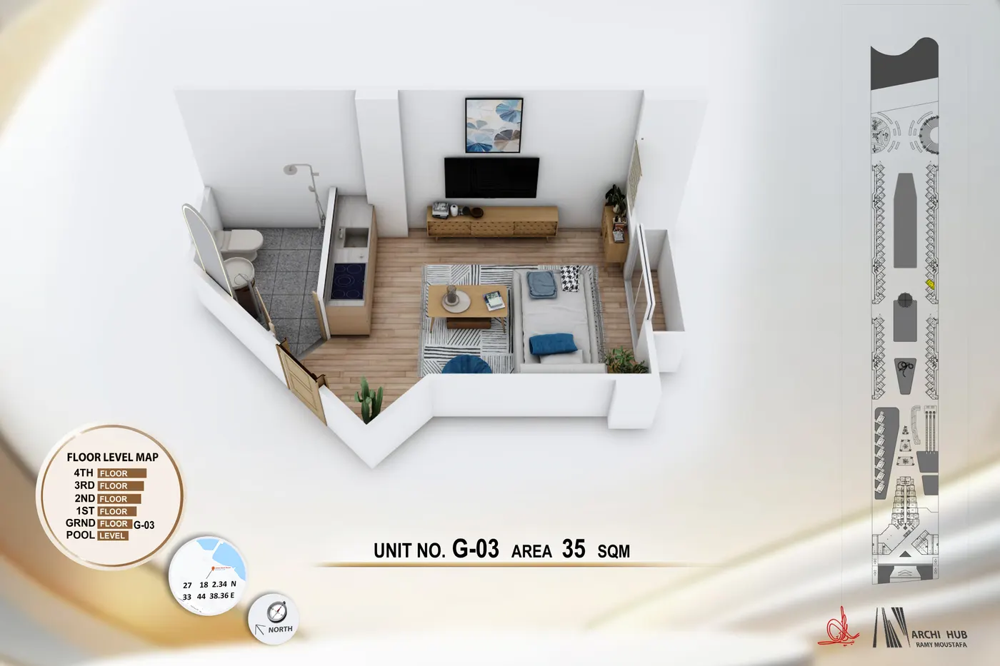 3D floor plan render of unit G3