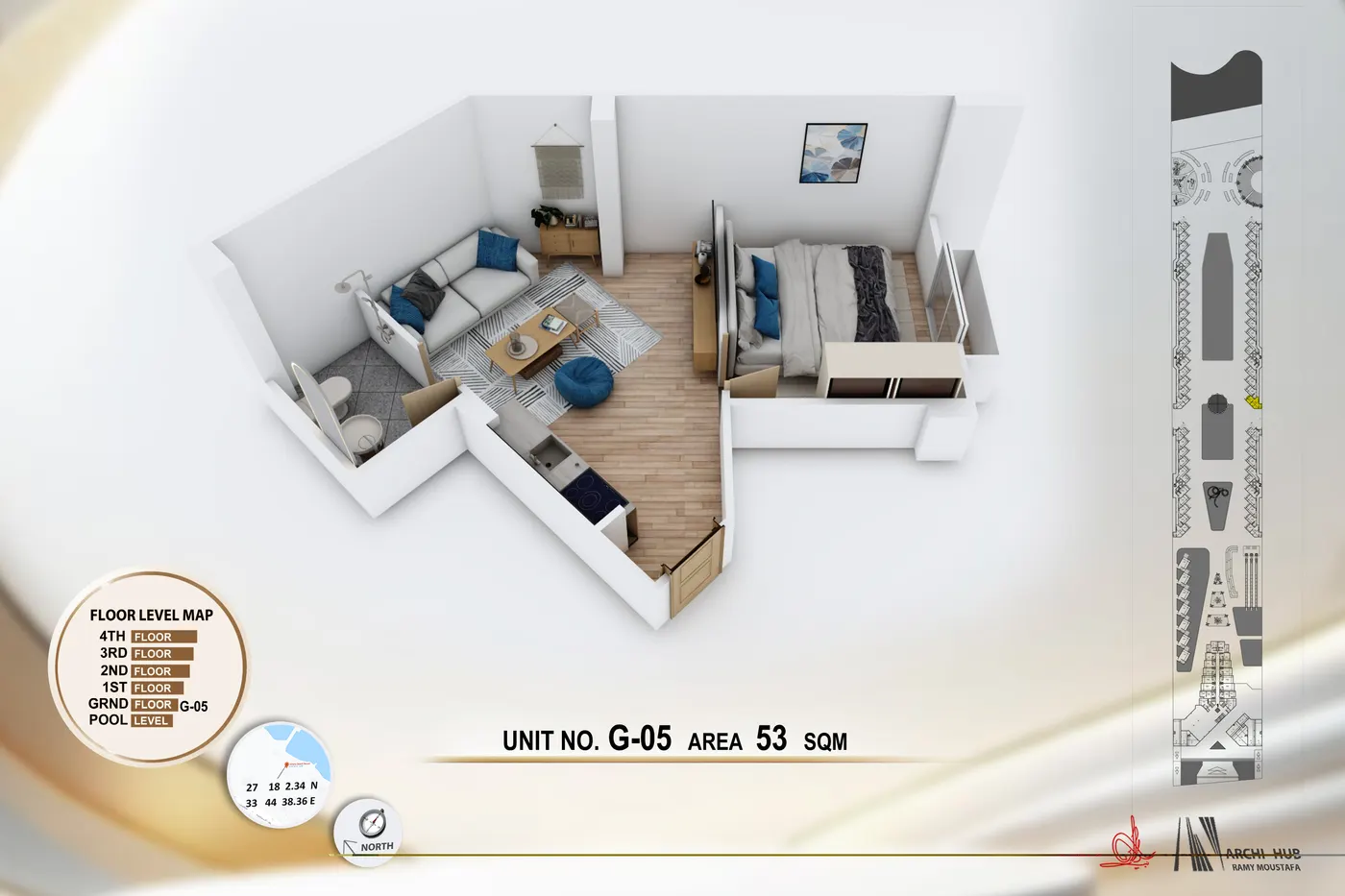 3D floor plan render of unit G5